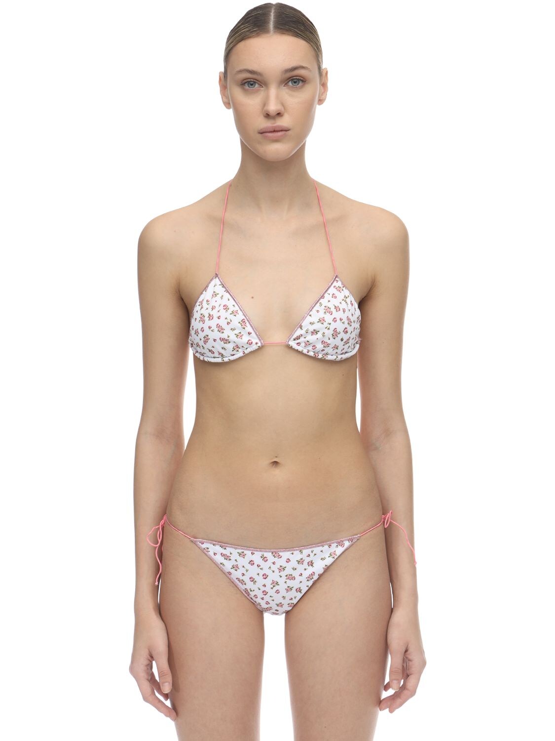 Oséree Swimwear Floral Lycra Triangle Bikini In White,pink