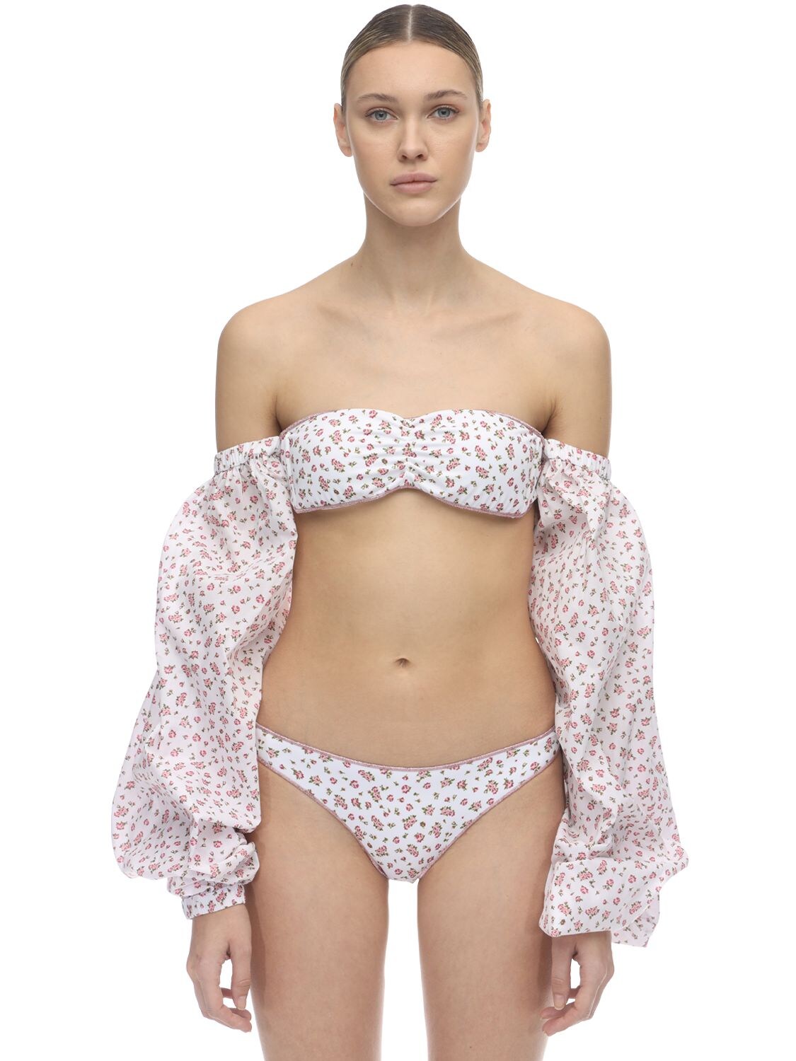 Oséree Swimwear Floral Bikini W/ Cotton Sleeves In White,pink