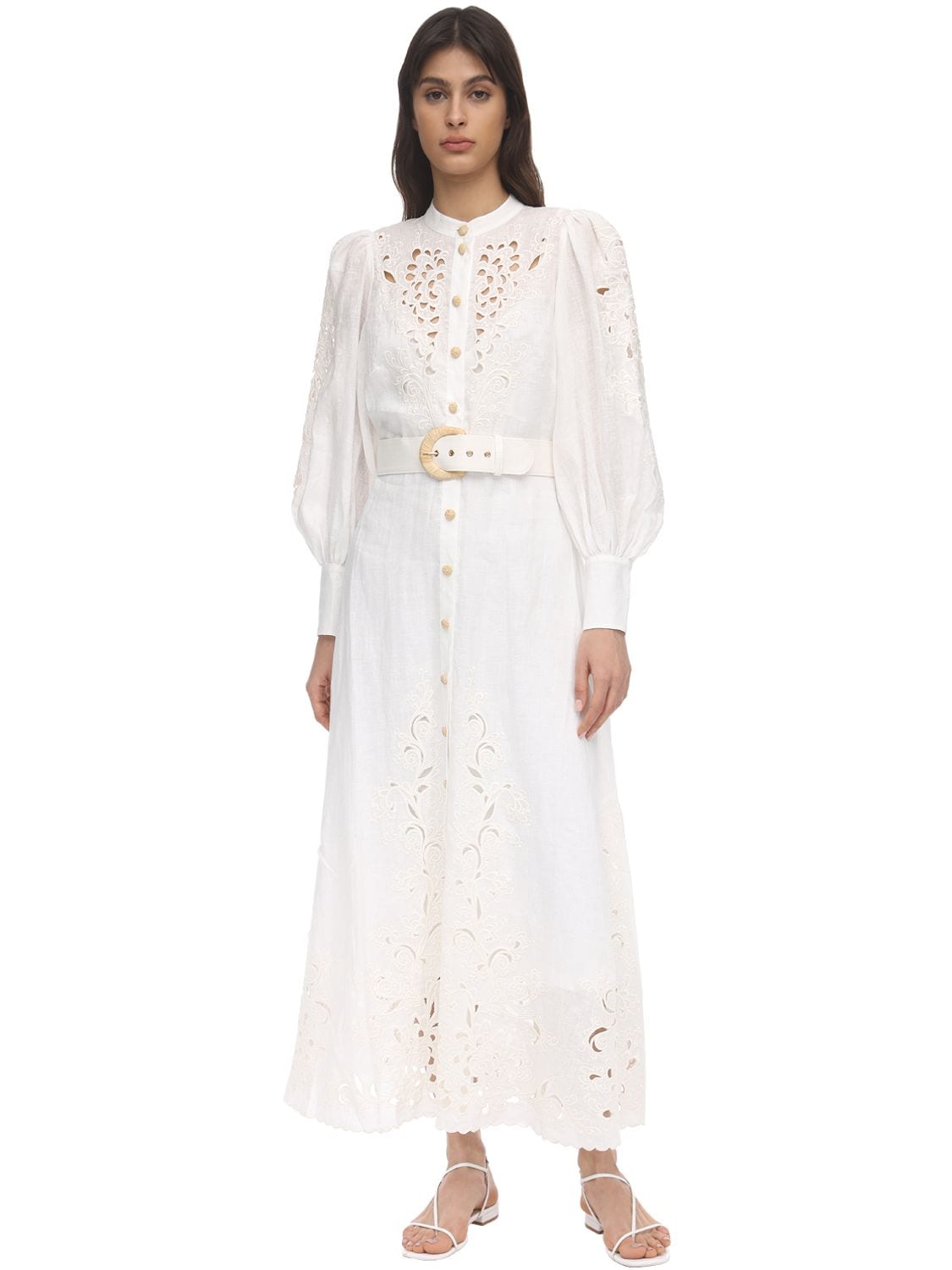 Zimmermann Peggy Ivory Embroidered Linen Midi Dress In White | ModeSens