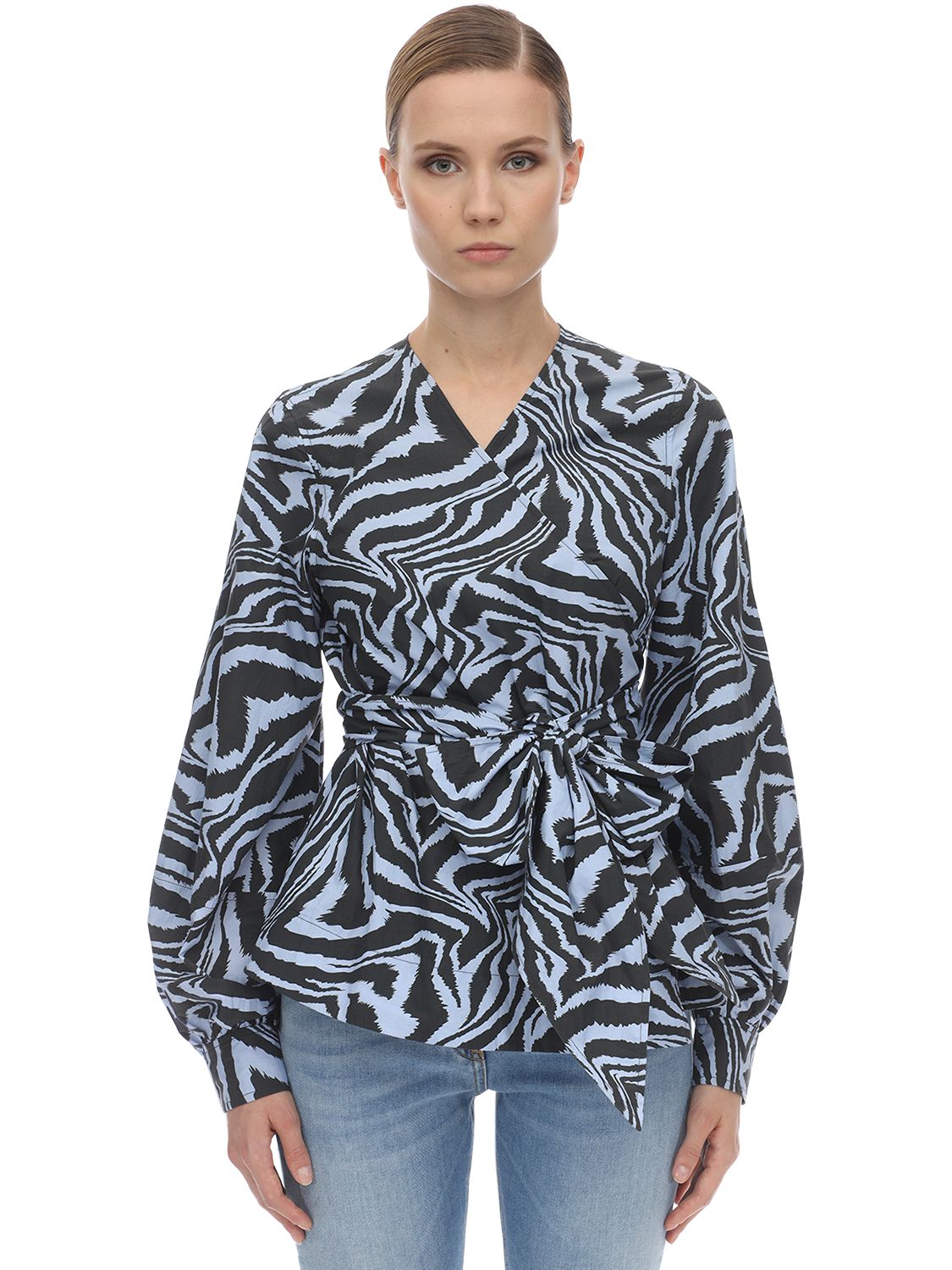 GANNI PRINTED COTTON POPLIN WRAP SHIRT,71IRT7026-NJGX0