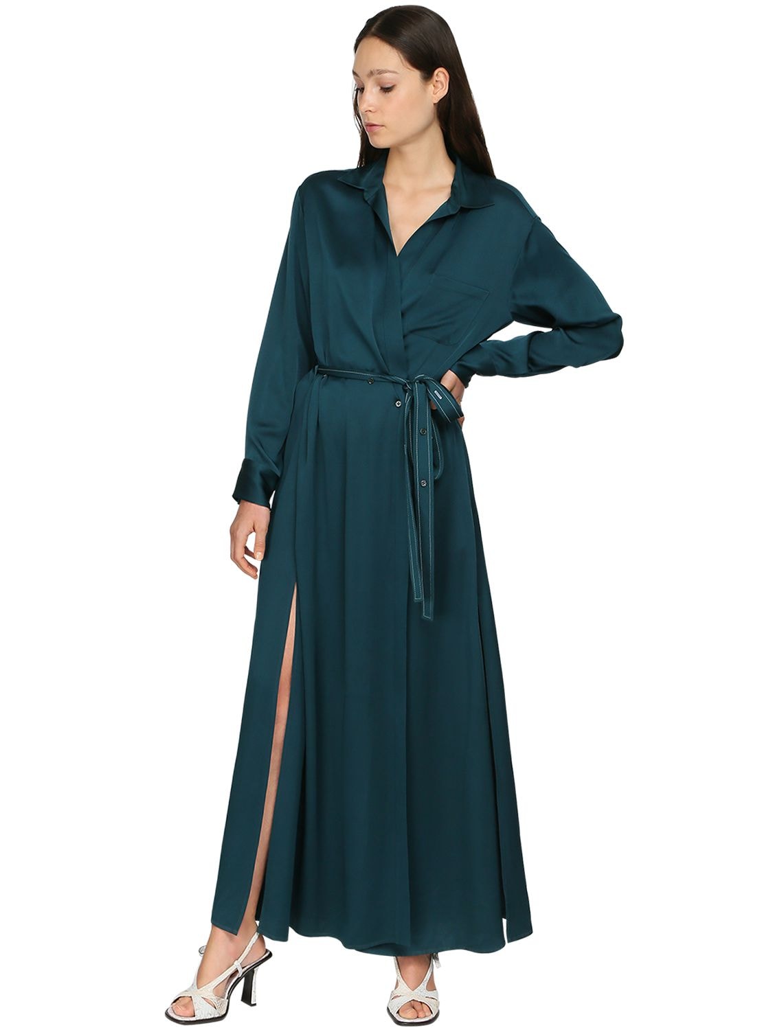 Sies Marjan Satin Crepe Envers Wrap Shirt Dress In Petroil Blue | ModeSens