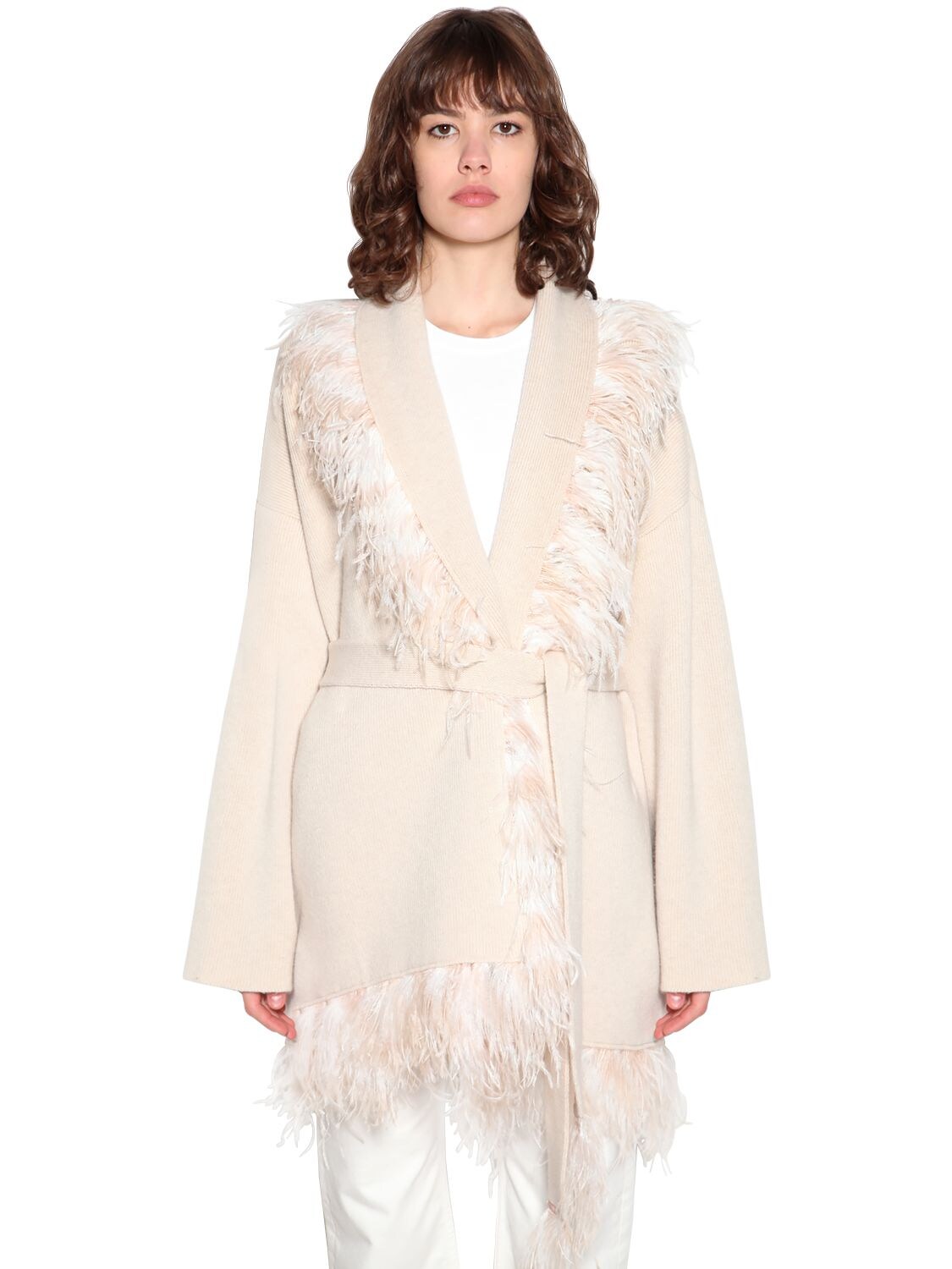 Alanui Wool & Cashmere Knit Jacket W/feathers In Ivory