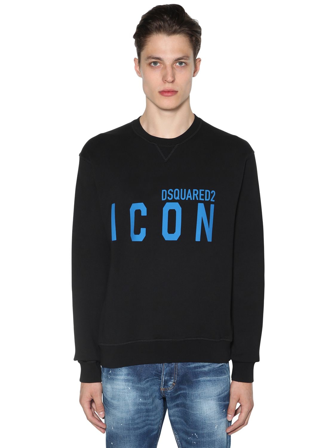 Dsquared2 Print Icon Logo Cotton Jersey Sweatshirt In Black,blue