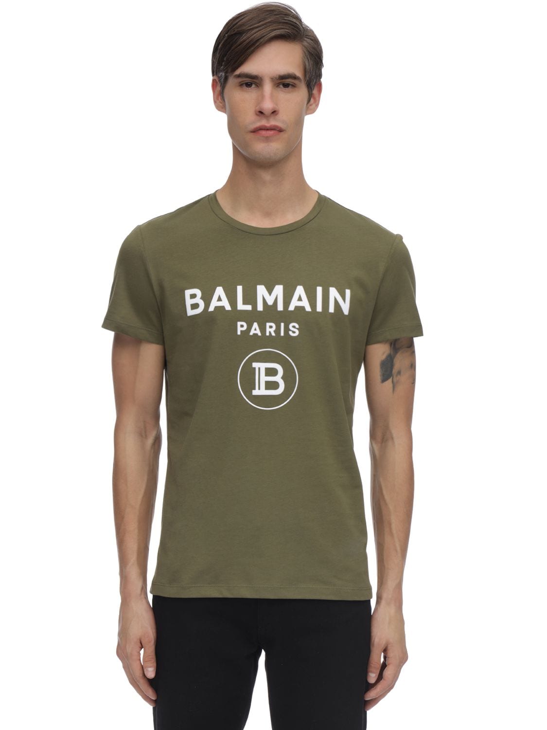 Balmain Flocked Cotton Jersey T-shirt In Army Green