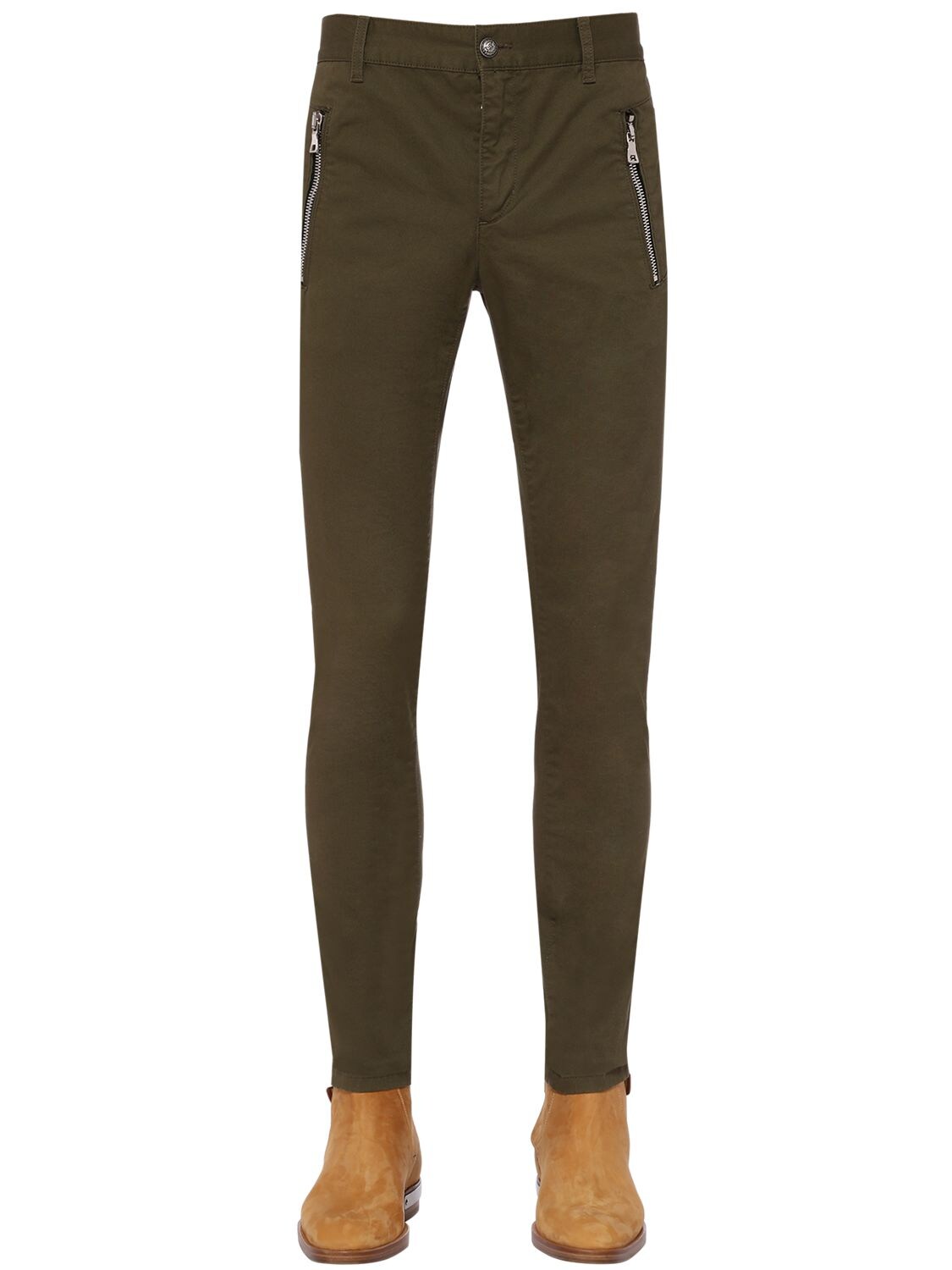 Balmain 15cm Flocked Chino Cotton Canvas Trousers In Army Green