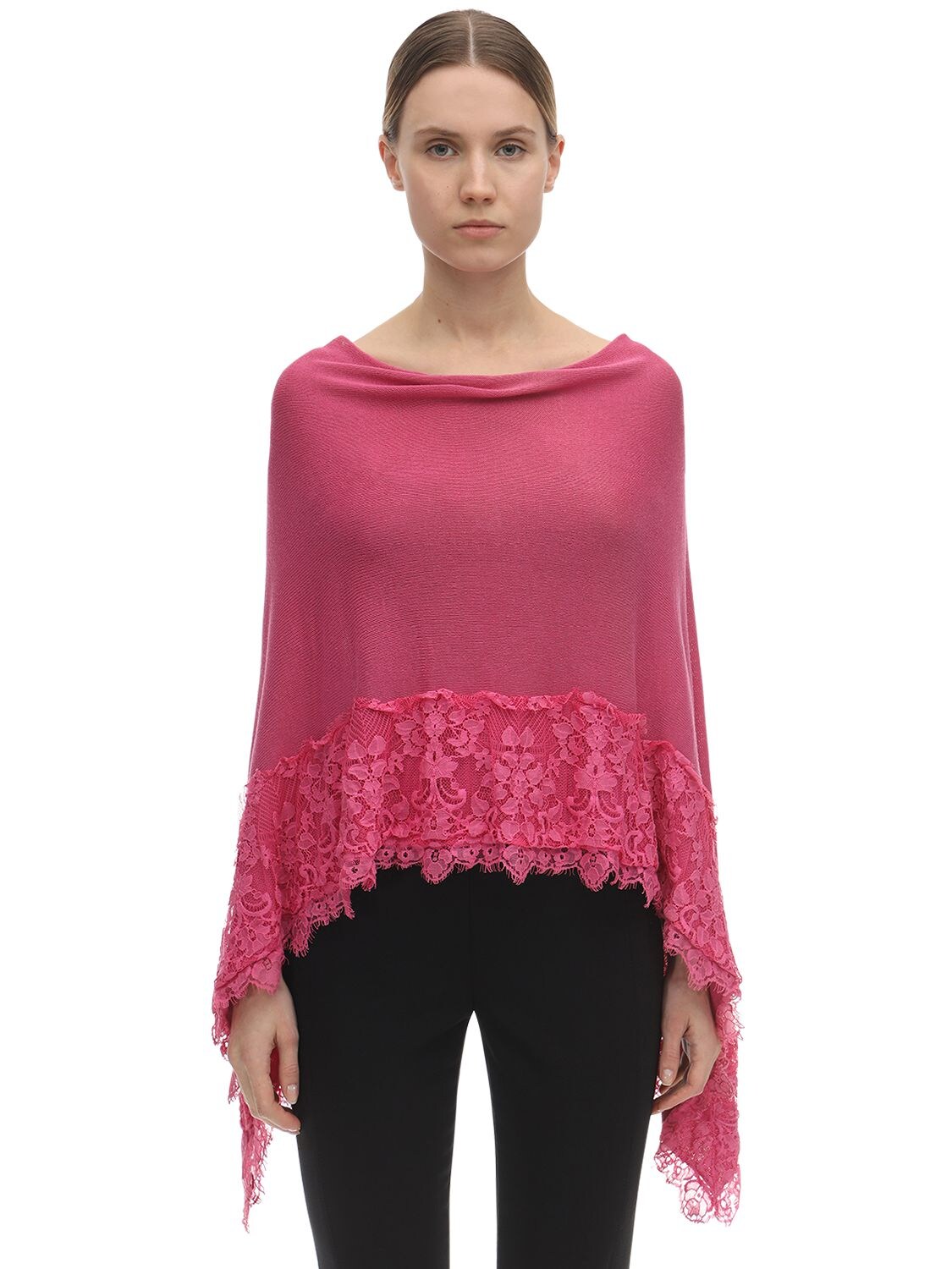 Pink Memories Lace Viscose Blend Poncho In Fuchsia