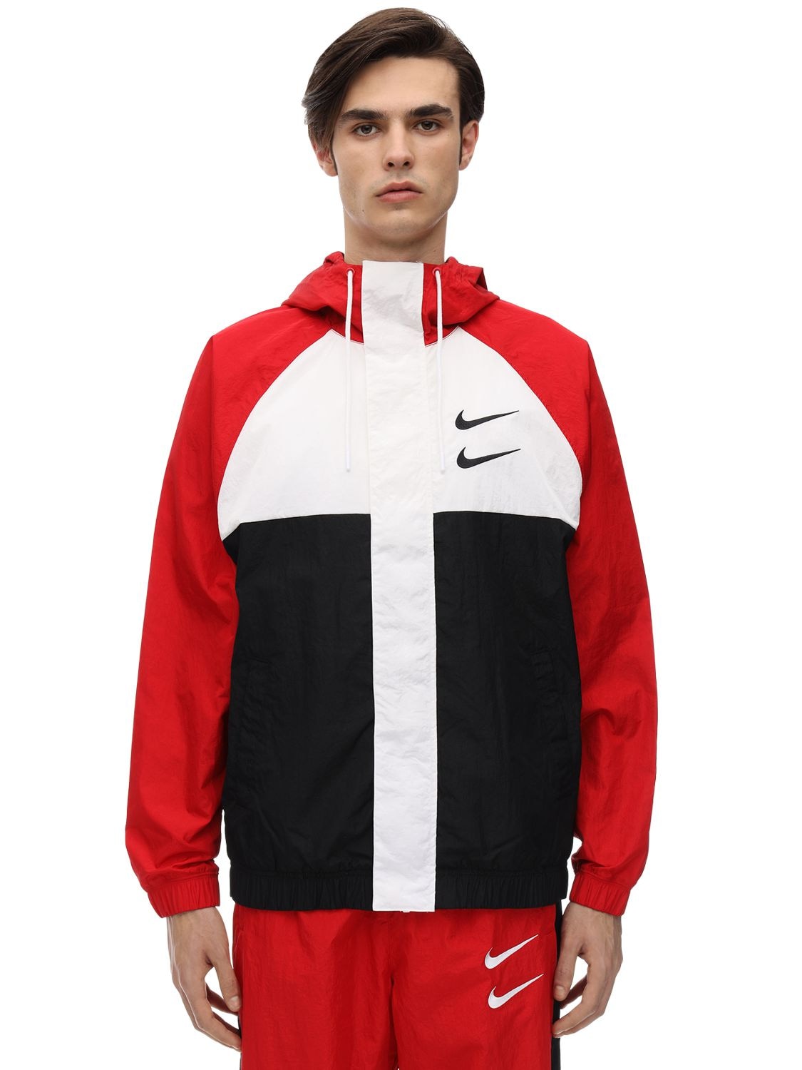 Nike Swoosh Colour Block Zip-through Woven Hooded Jacket In Black/red In University Red