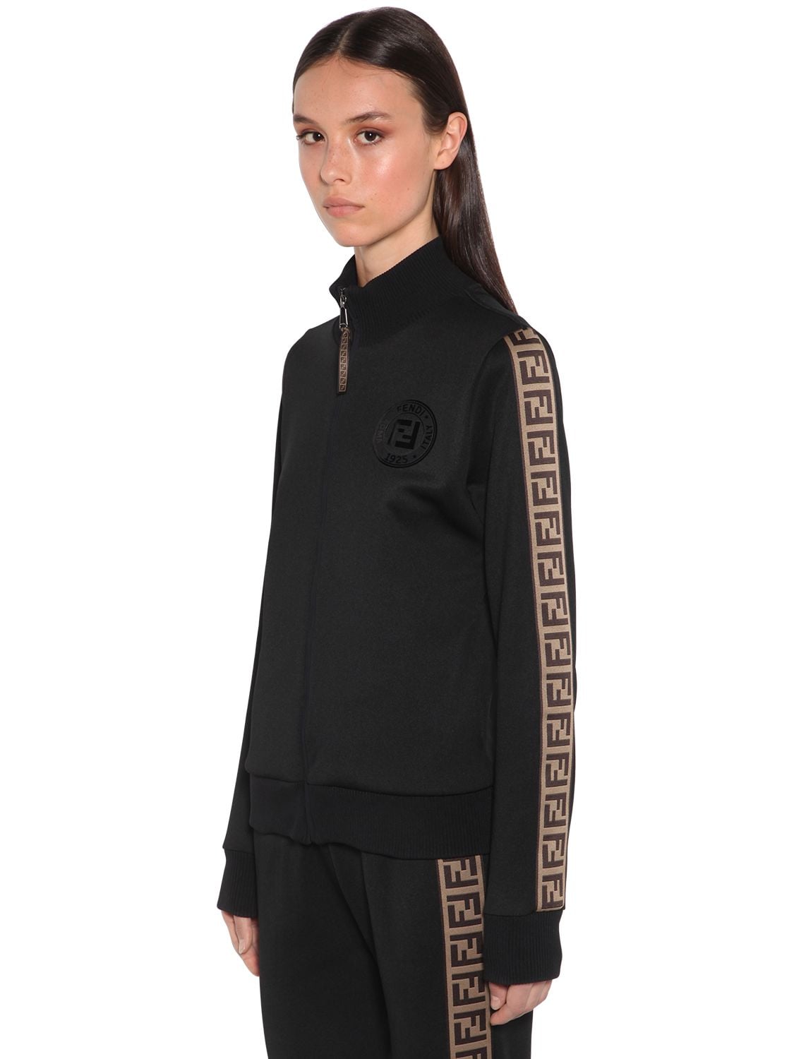 Fendi Zip-up Jersey Sweatshirt W/ Logo Bands In Black
