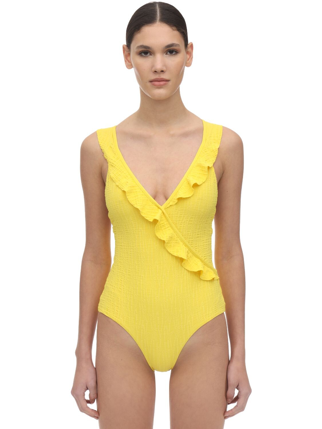 Albertine Pina Ruffled Textured One Piece Swimsuit In Yellow