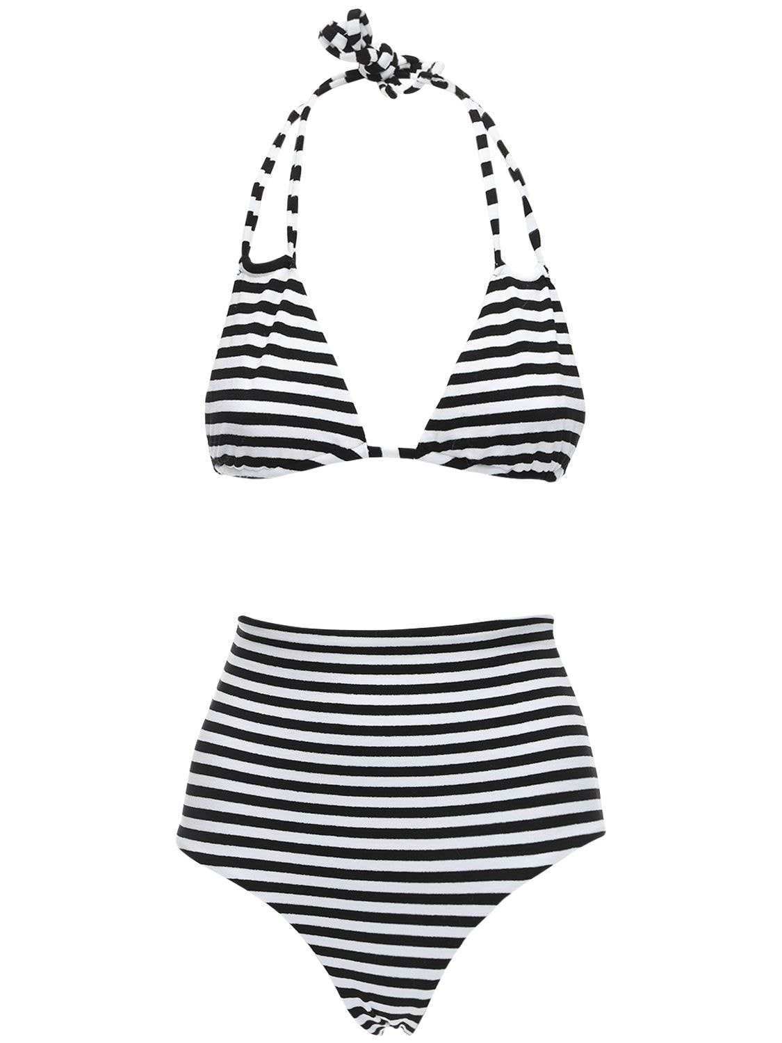 Albertine Hermosa High Waist Striped Bikini Set In Black,white