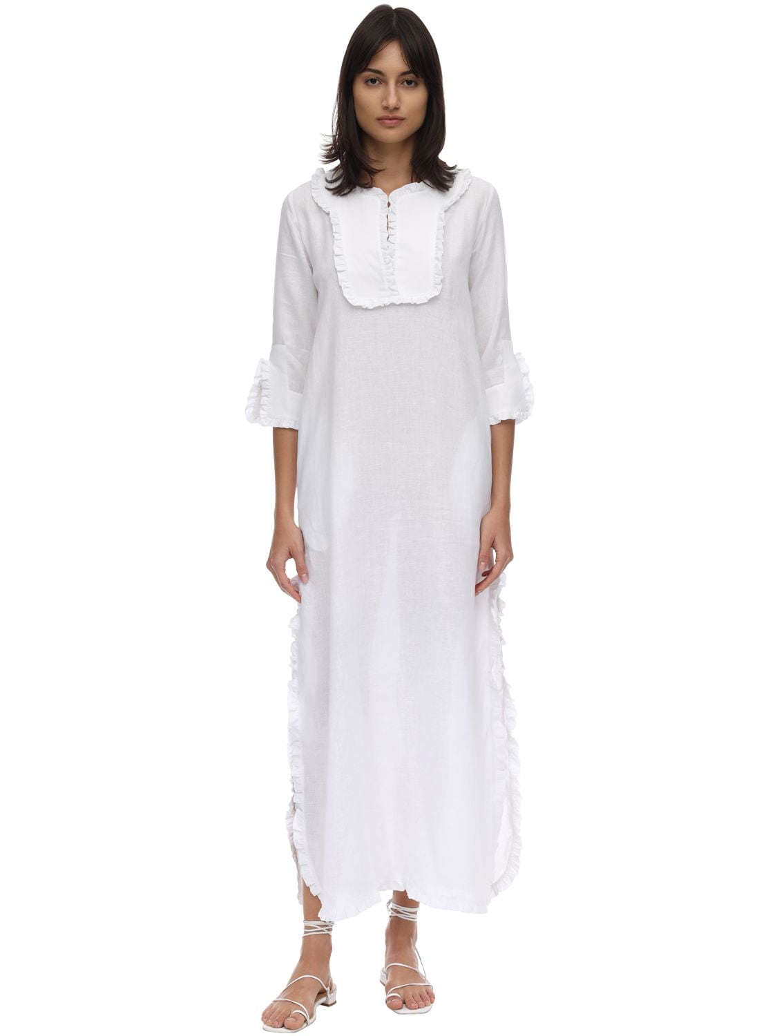 Caftanii Vittoria Caftan Linen Midi Dress In White