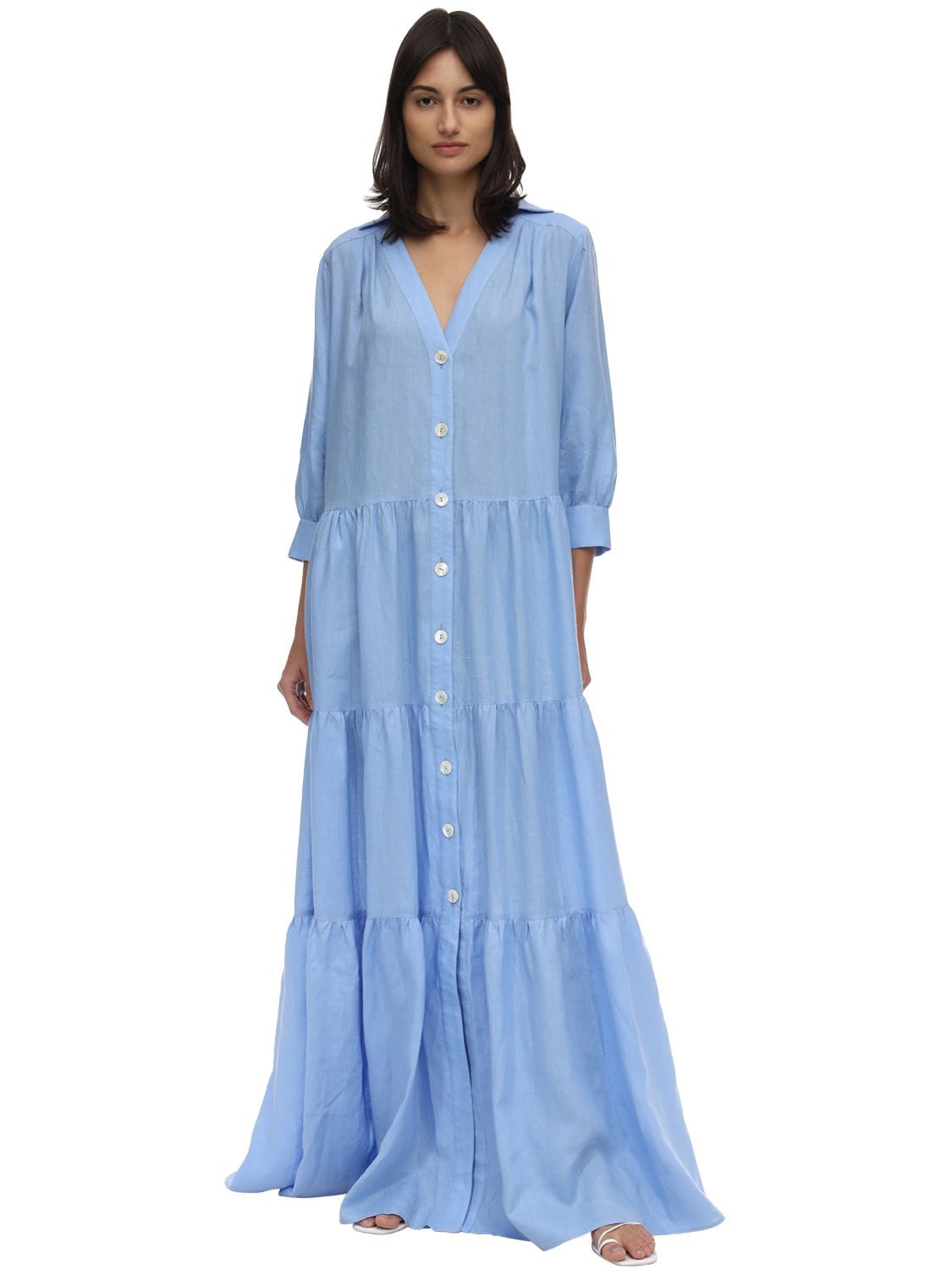 Caftanii Alì Linen Maxi Summer Dress In Light Blue