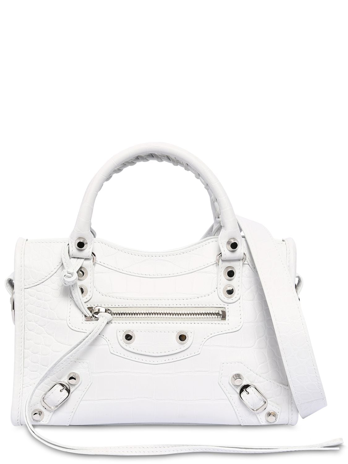 Balenciaga Mini City Croc Embossed Leather Bag In White