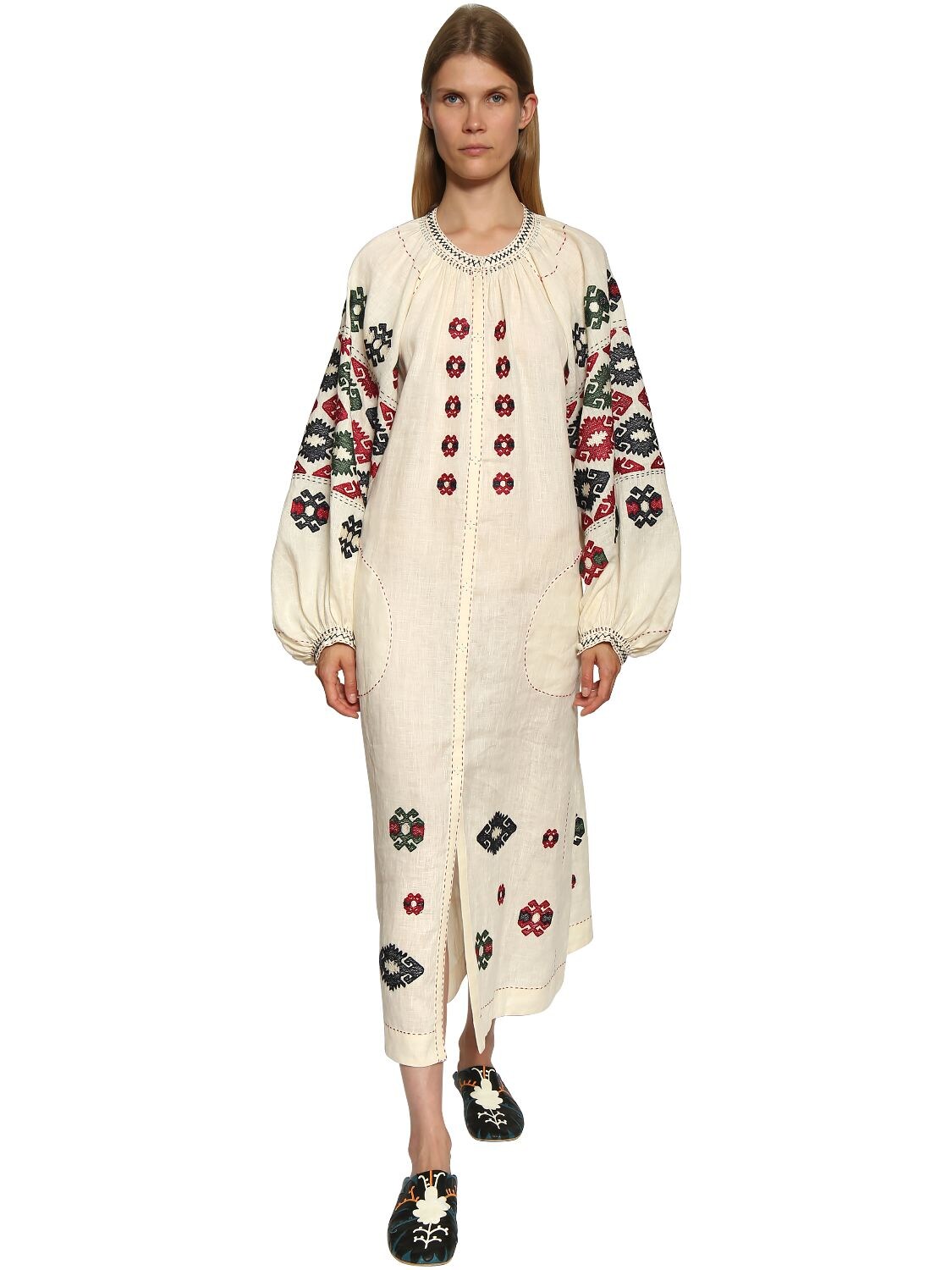 Vita Kin Bodrum Embroidered Linen Dress In Beige,multi