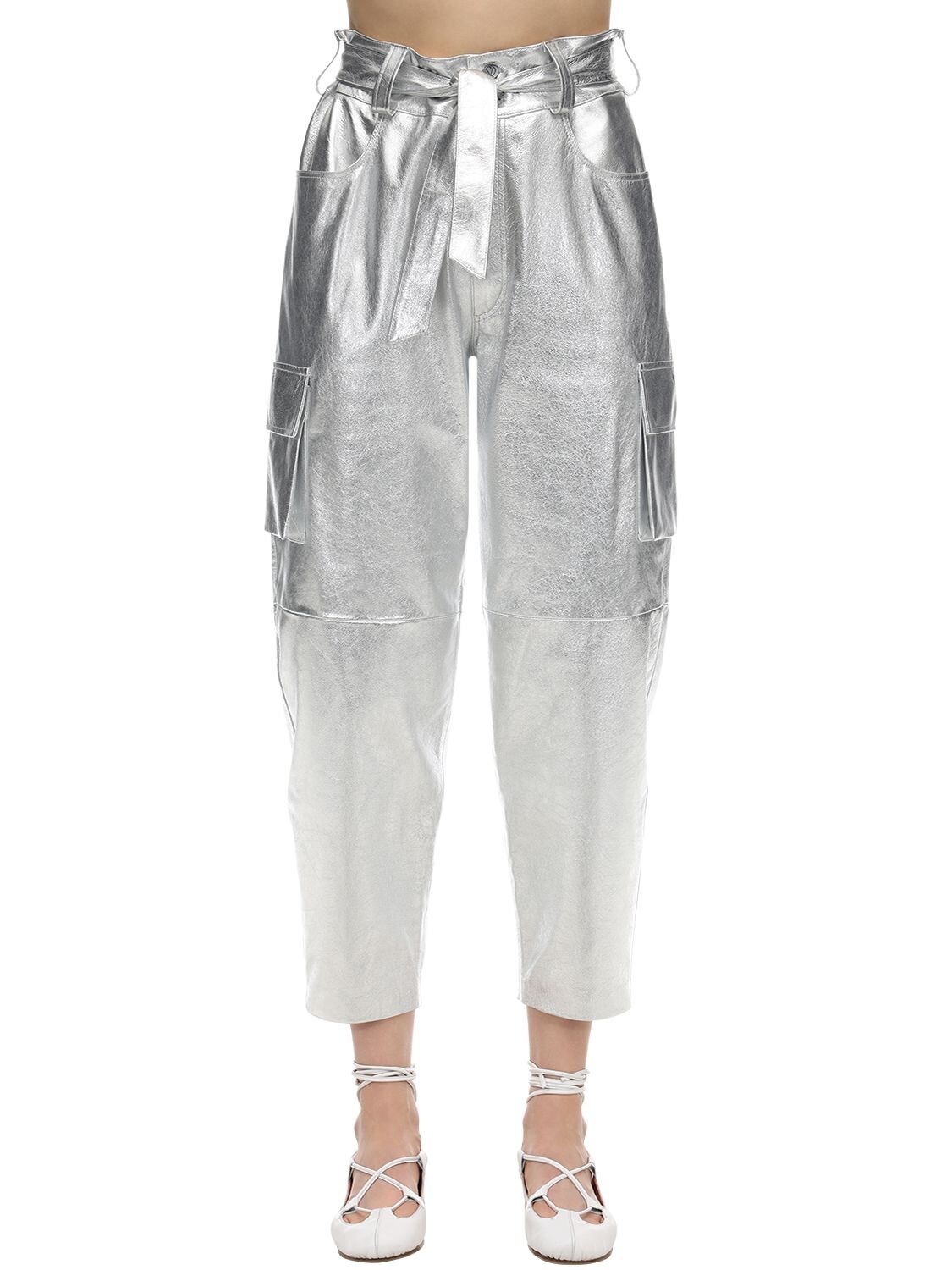 Simonetta Ravizza High Waist Nappa Leather Cargo Pants In Silver
