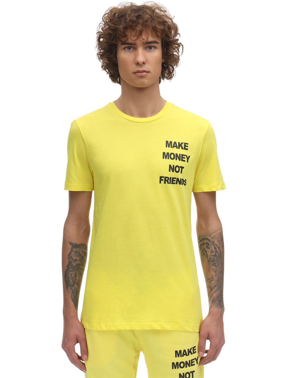 Make Money Not Friends Fluo Logo Print Cotton Jersey T-shirt In Yellow