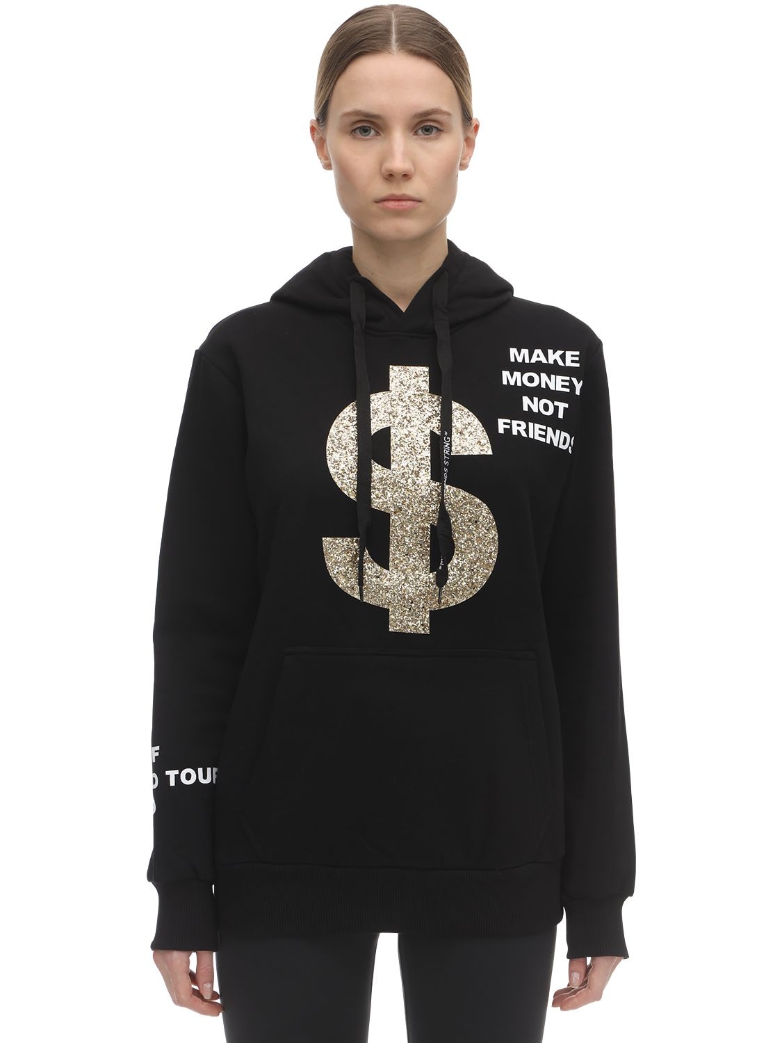 Make Money Not Friends Glittered Cotton Sweatshirt Hoodie In Black