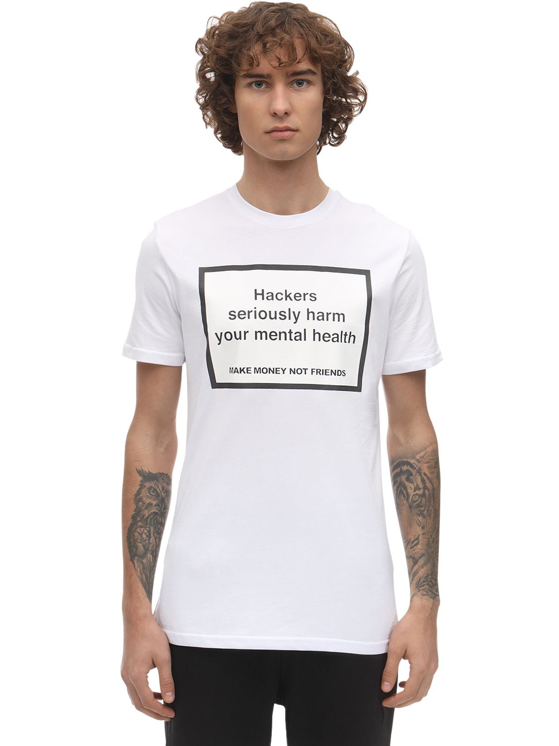 Make Money Not Friends Hackers Printed Cotton Jersey T-shirt In White