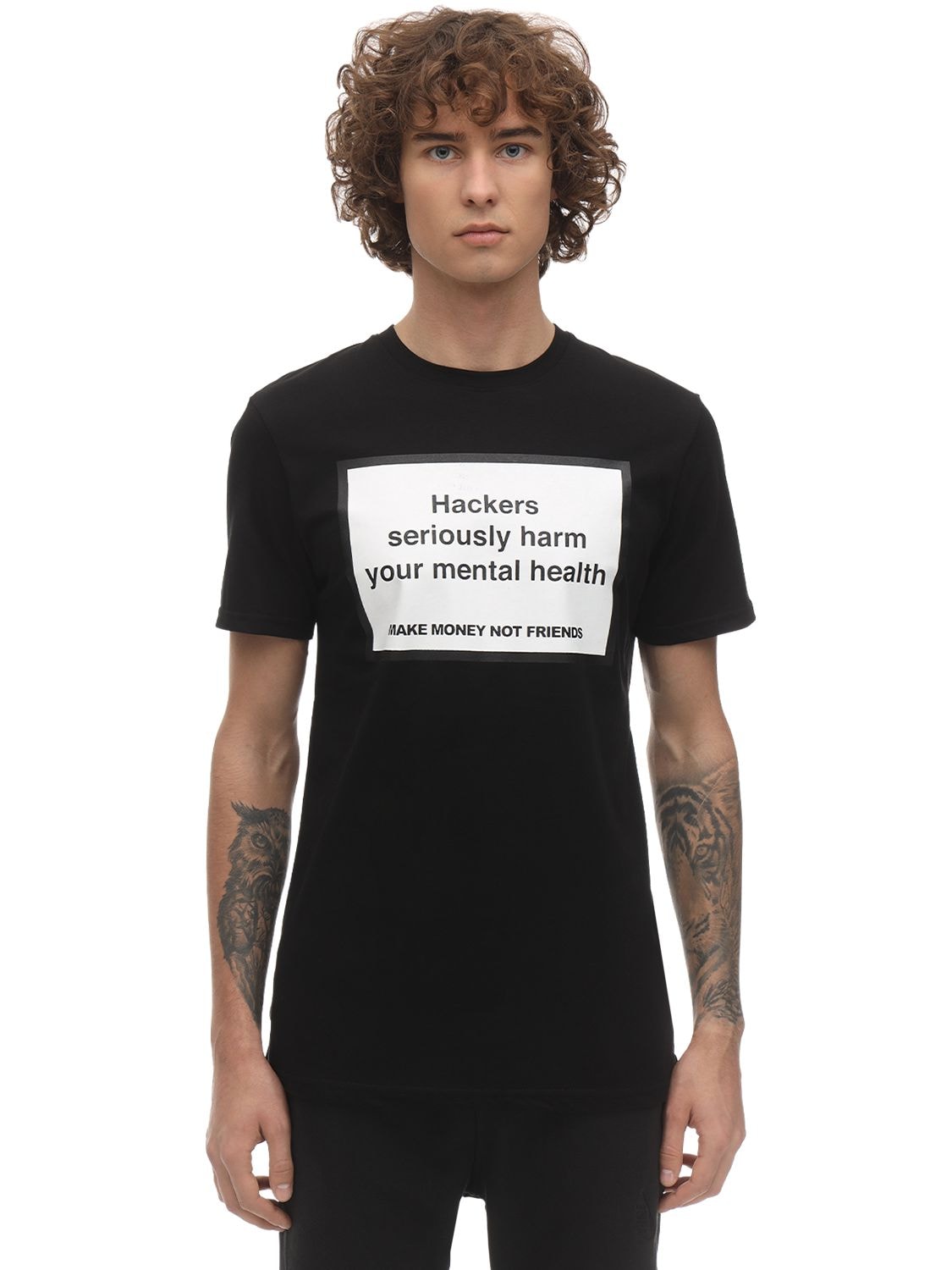 Make Money Not Friends Hackers Printed Cotton Jersey T-shirt In Black