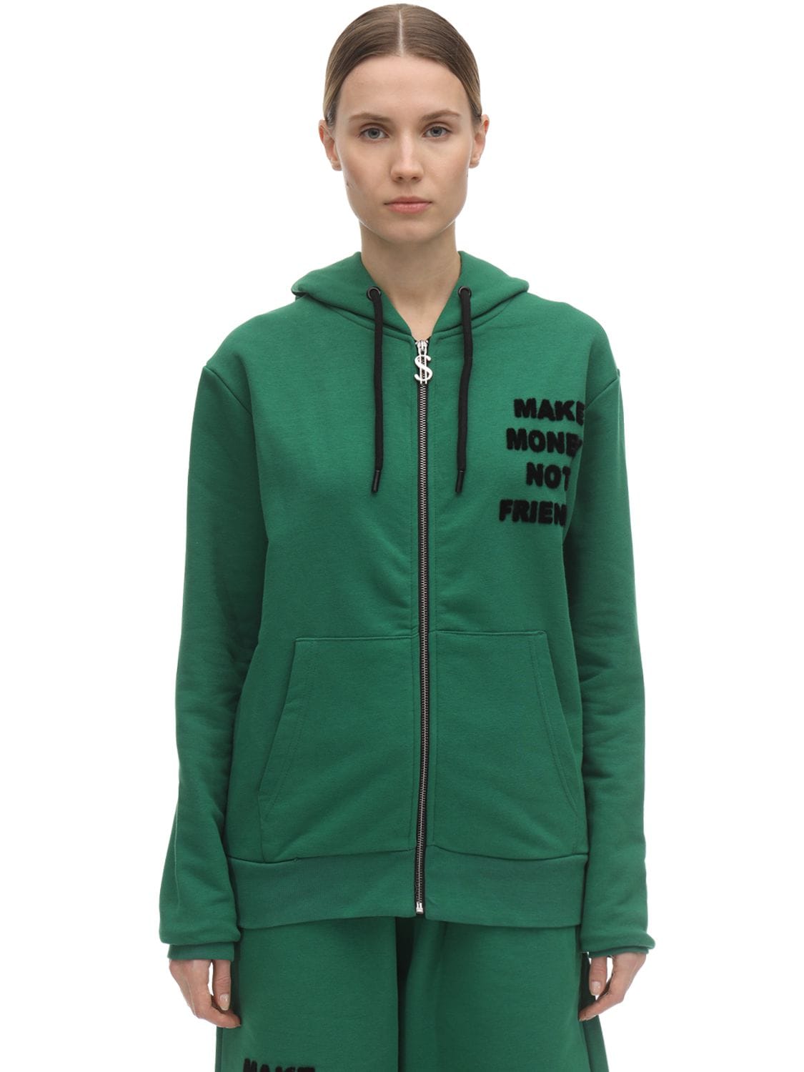 Make Money Not Friends Logo Zip-up Cotton Sweatshirt Hoodie In Green