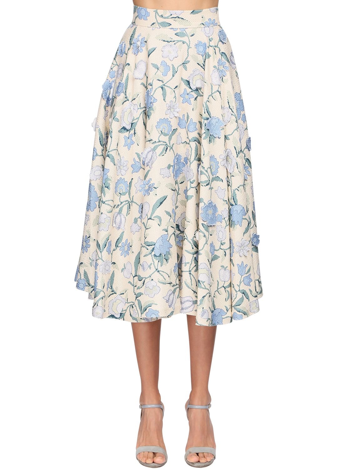 Luisa Beccaria Floral Embroidered Cotton Midi Skirt In Ivory,blue
