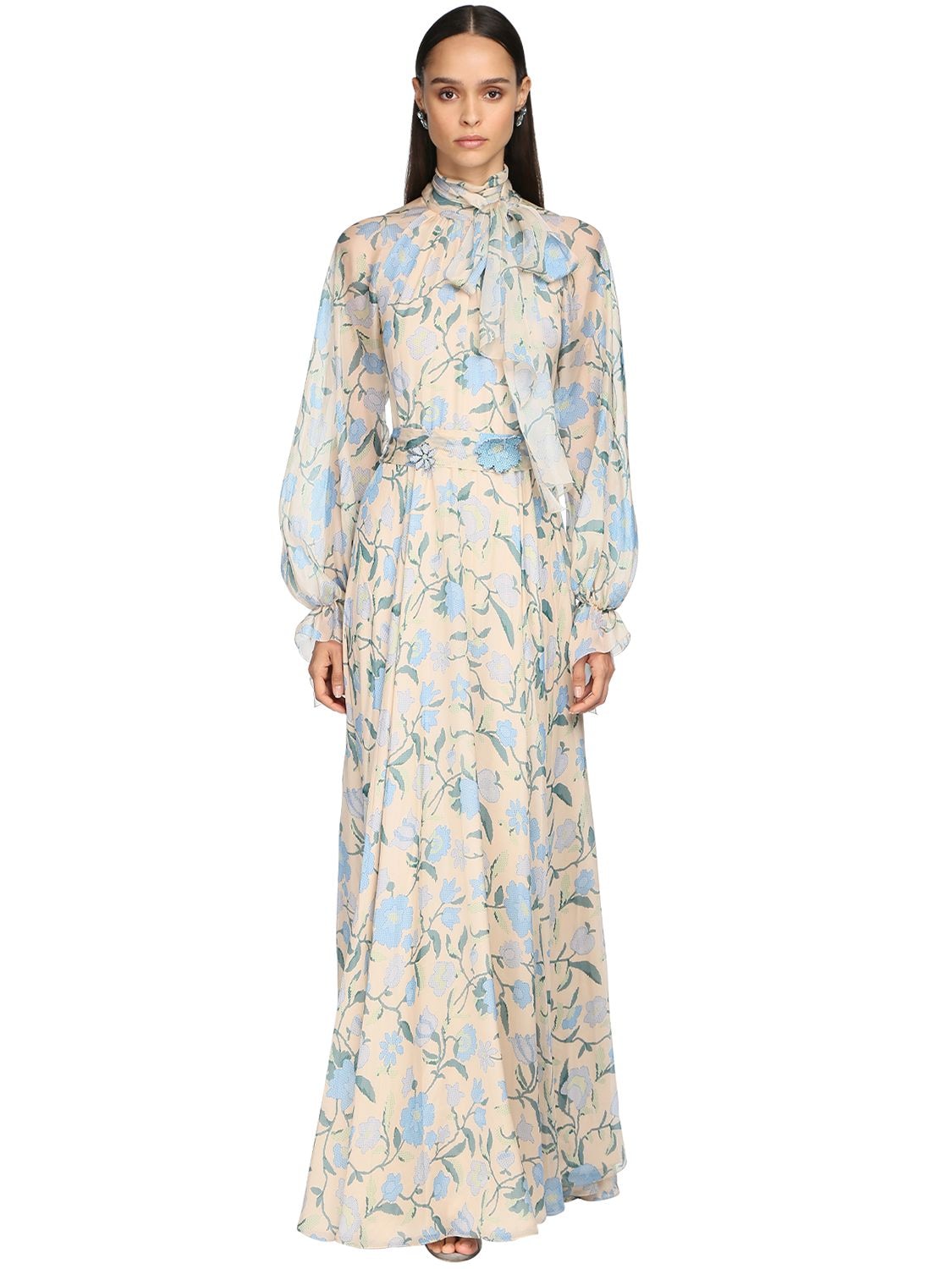 Luisa Beccaria Printed Chiffon Long Dress W/ Bow Collar In Ivory,blue