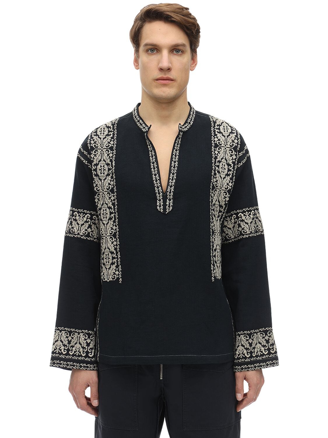 Isabel Marant Embroidered Cotton Caftan Shirt In Black