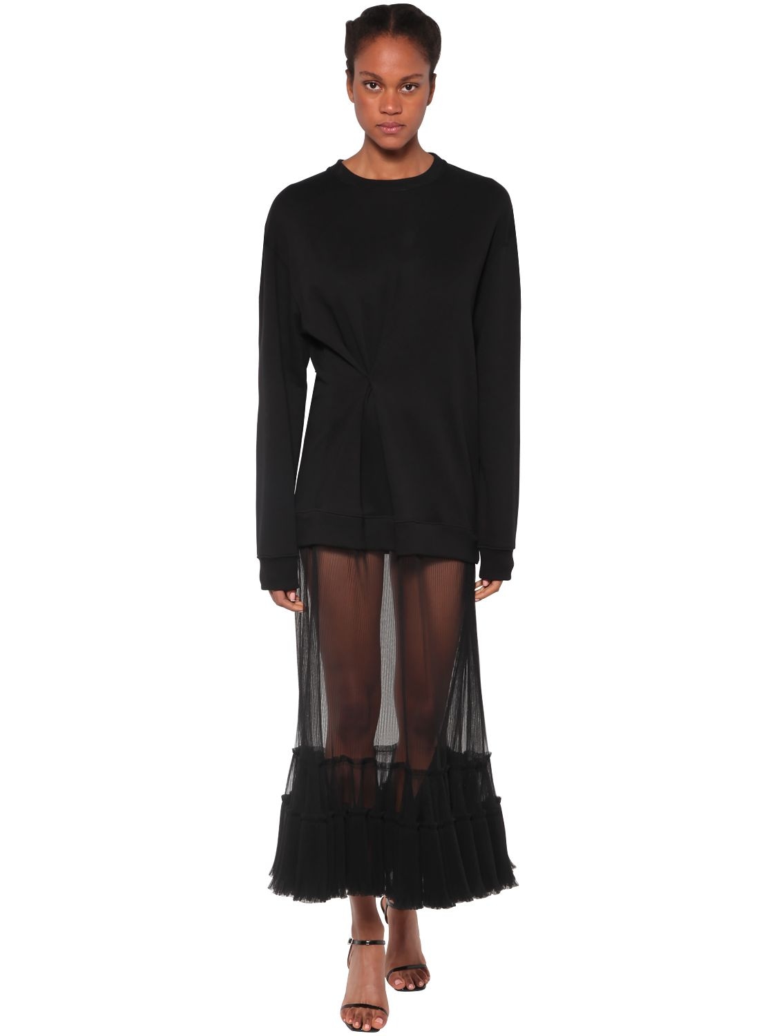 Act N°1 Cotton Sweatshirt & Ruffled Tulle Dress In Black
