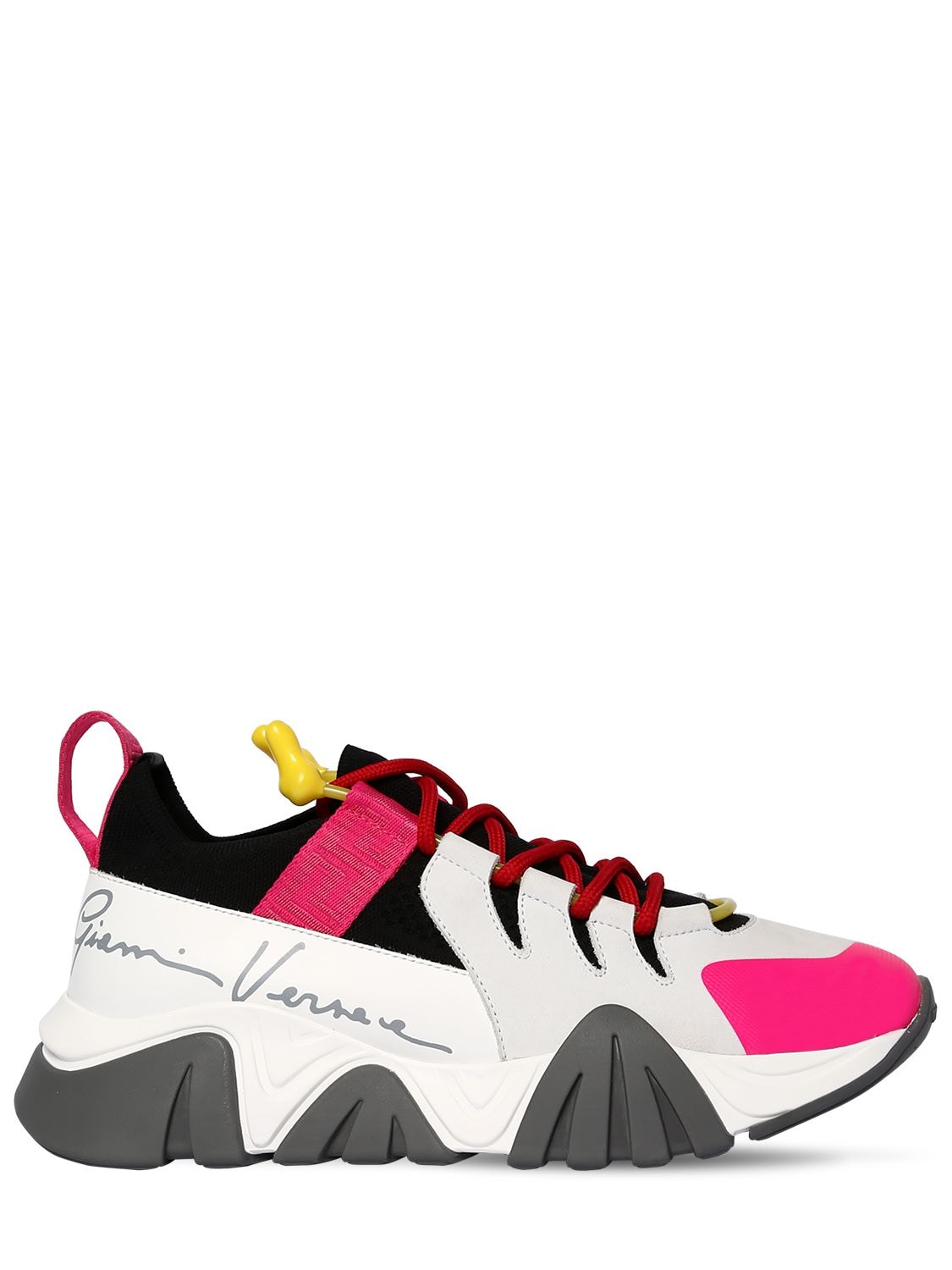 Versace 45mm Squalo Leather & Neoprene Sneakers In White/pink | ModeSens