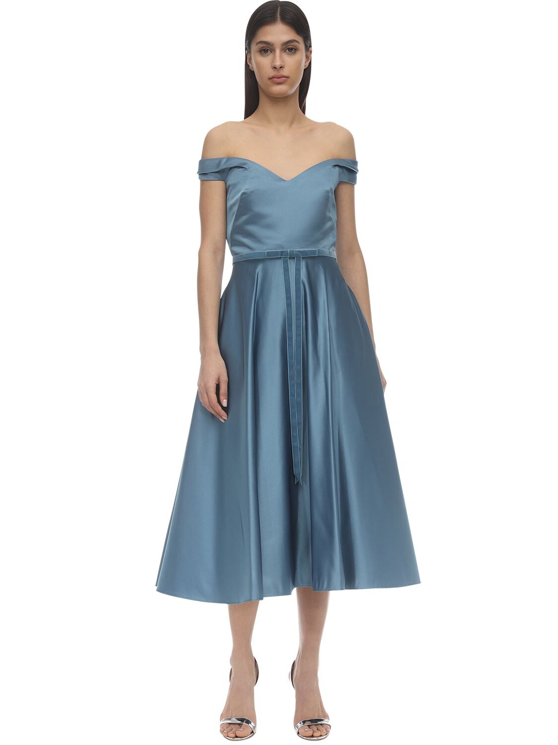 Marchesa Notte Off-the-shoulder Satin Midi Dress In Light Blue