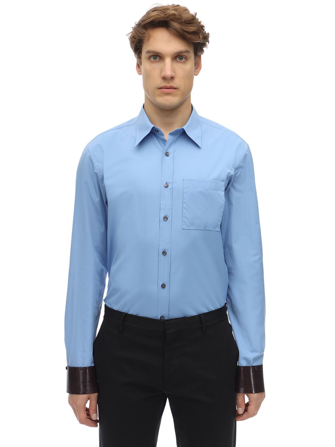 Ferragamo Cotton Shirt W/ Leather Cuffs In Blue