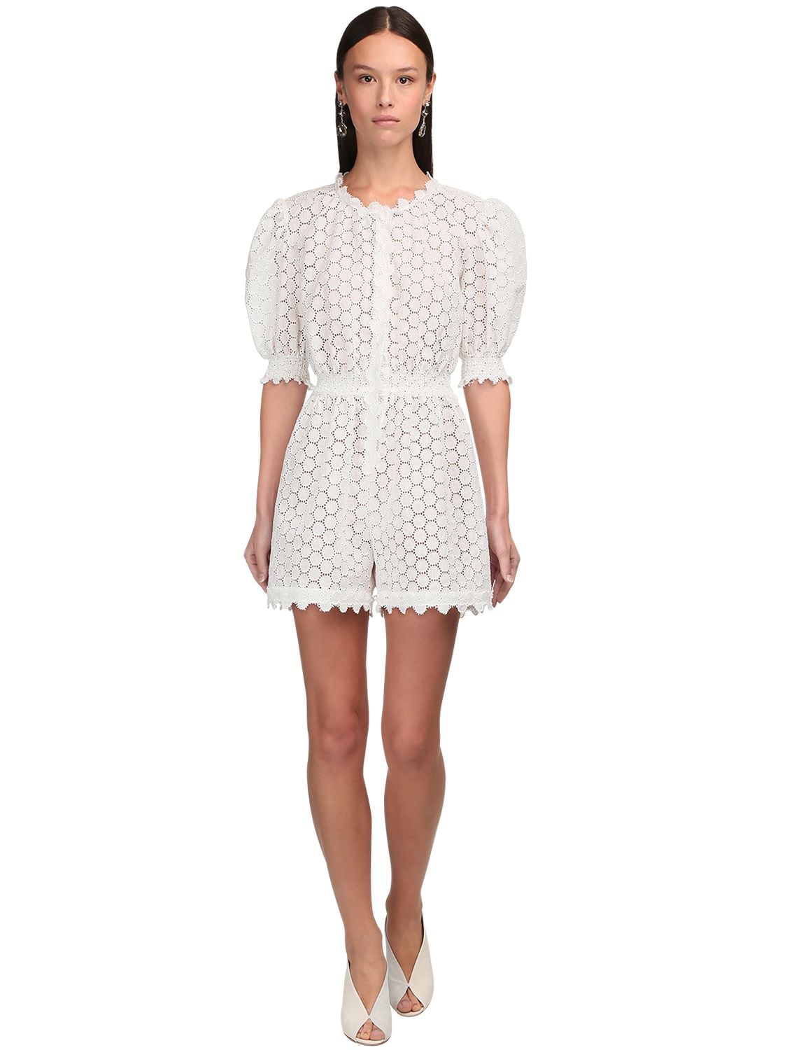 Luisa Beccaria Linen Eyelet Lace Romper In White