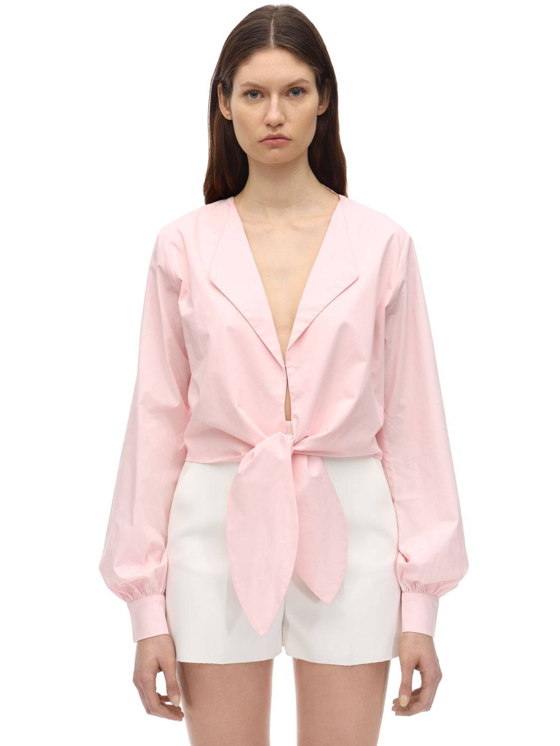 Aya Muse Cropped Self-tie Poplin Top In Light Pink | ModeSens