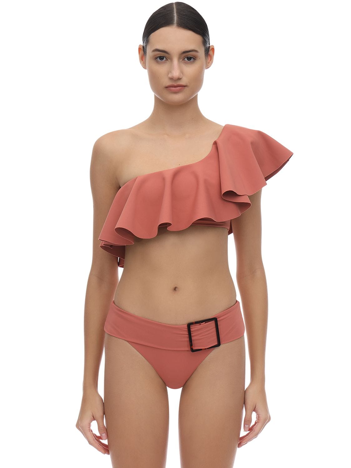 Onia X Weworewhat Positano Ruffled Bikini Top In Rose