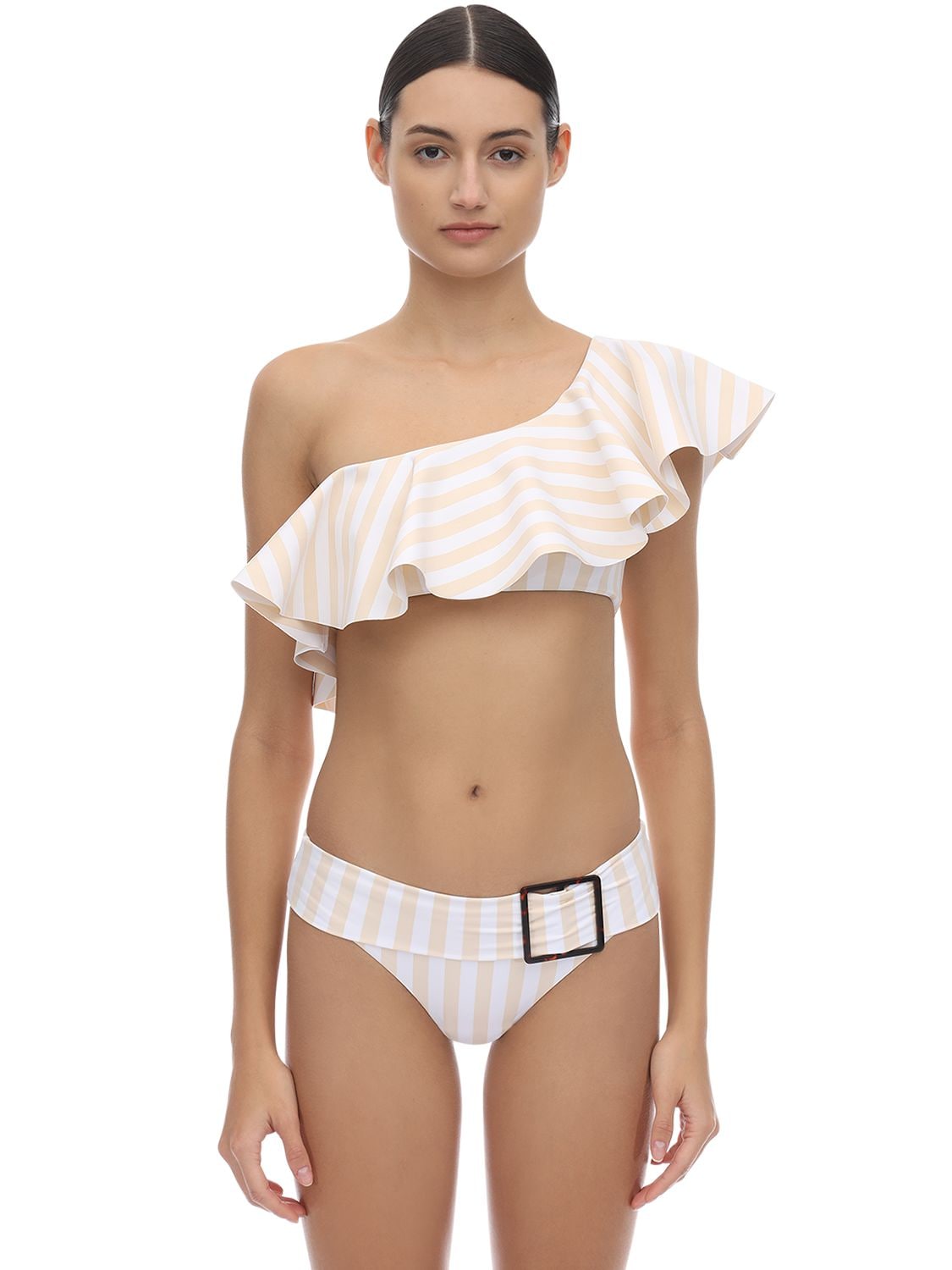 Onia X Weworewhat Positano Ruffled Striped Bikini Top In Beige,white