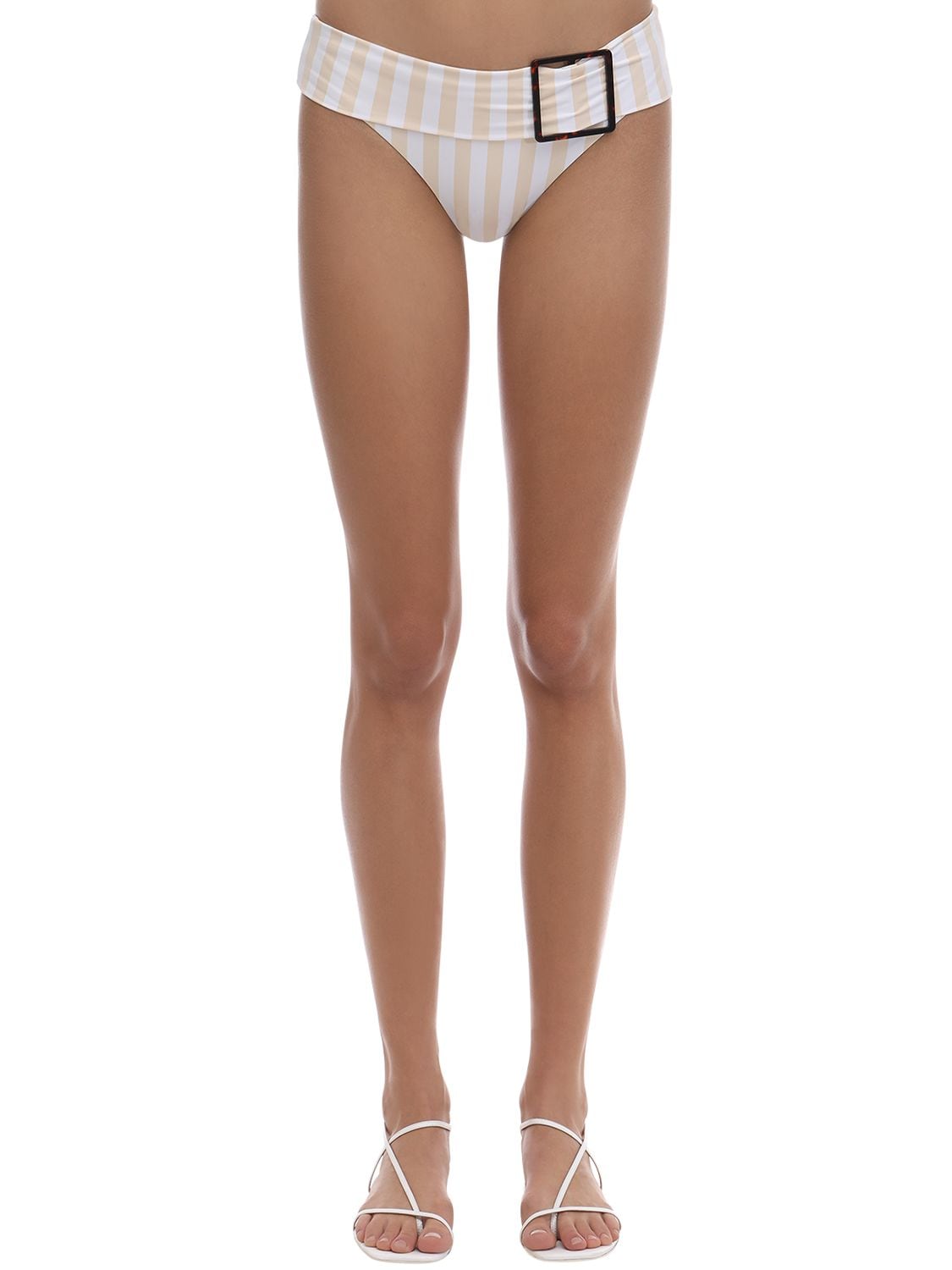Onia X Weworewhat Annie Belted Striped Bikini Bottoms In Beige,white