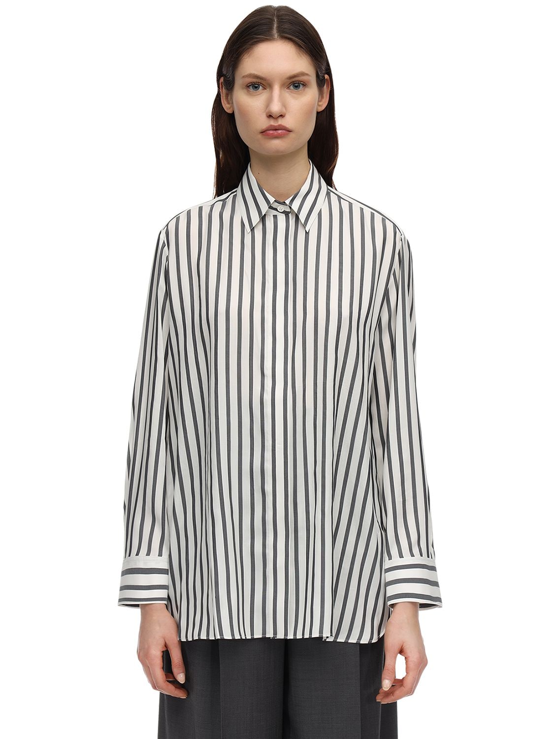 The Row Big Sisea Striped Silk Shirt In White | ModeSens