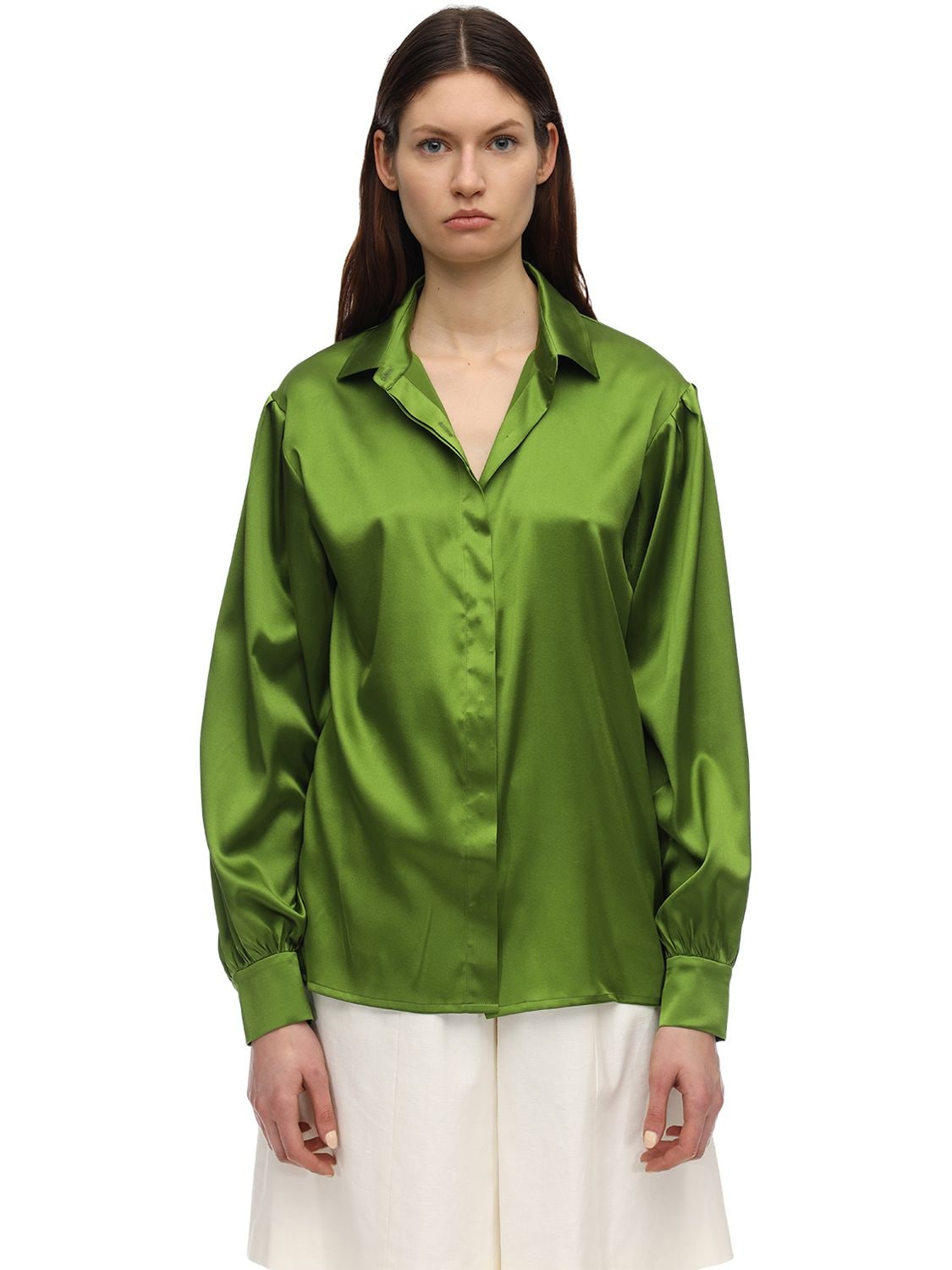 Lesyanebo Silk Satin Shirt In Olive Green