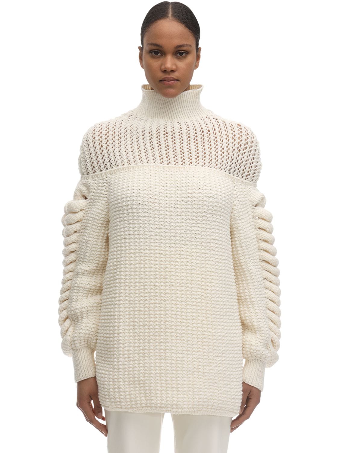 Liya Structured Wool Blend Knit Sweater In White