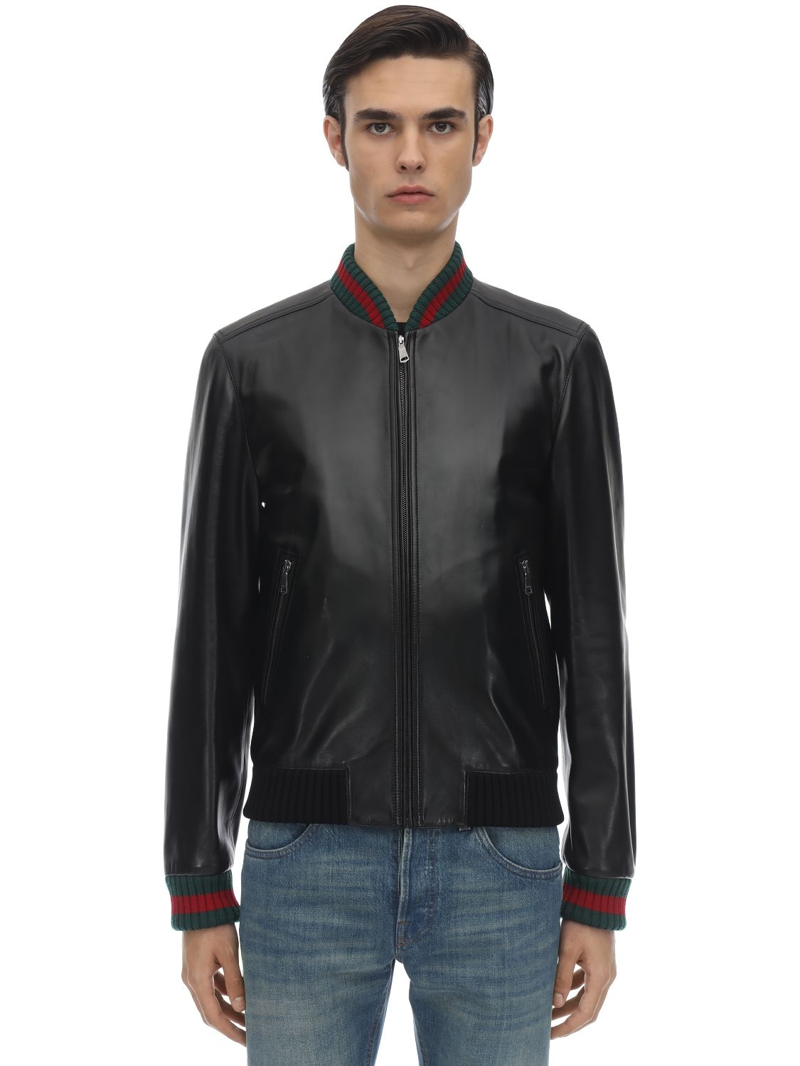 Diskriminere Inca Empire profil Gucci Jacket Lambskin Bomber Jacket With Virgin Wool Finishes And Web  Detail In Black | ModeSens