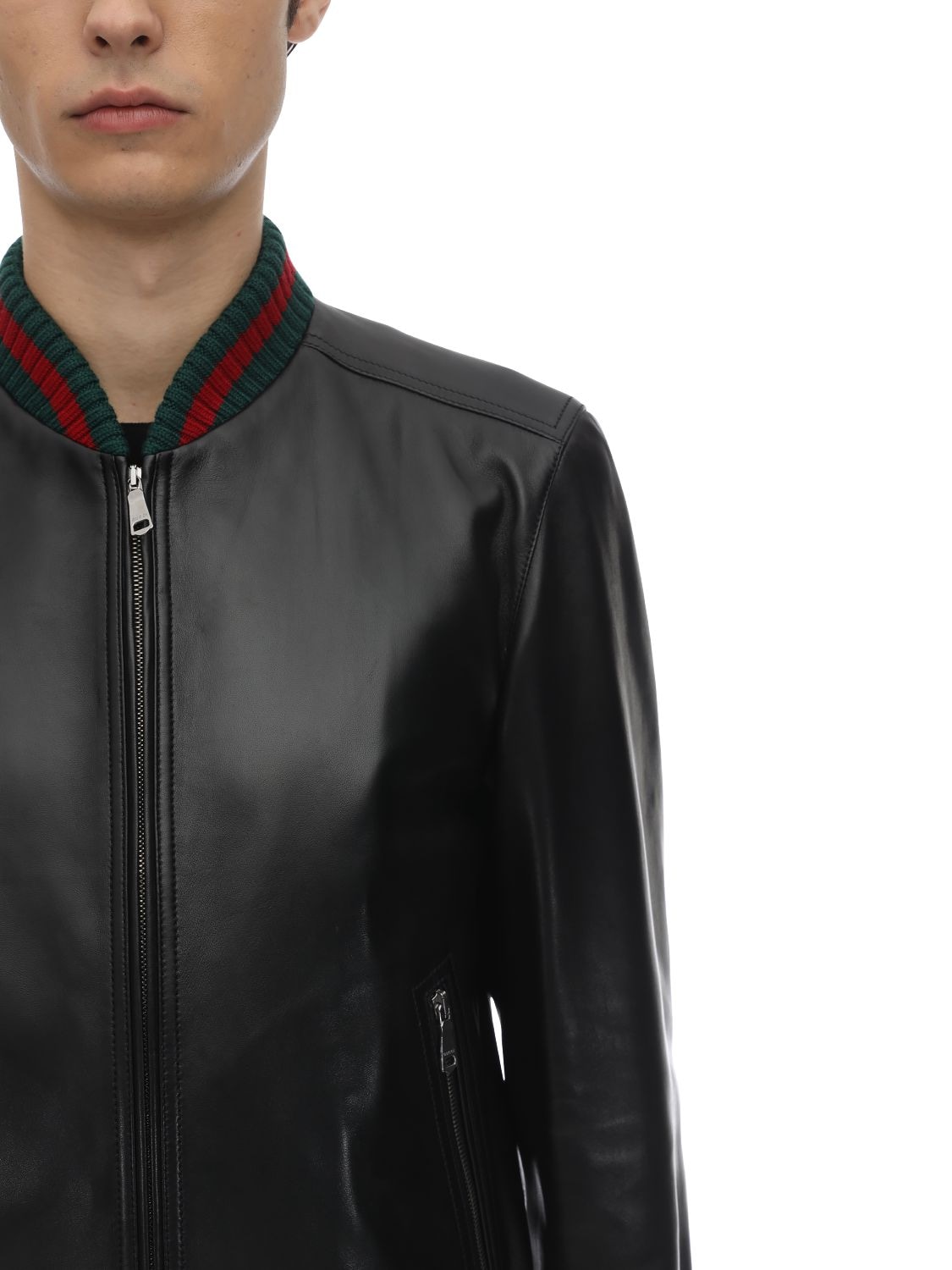 Gucci Jacket Lambskin Bomber Jacket with Virgin Wool Finishes and Web Detail Black