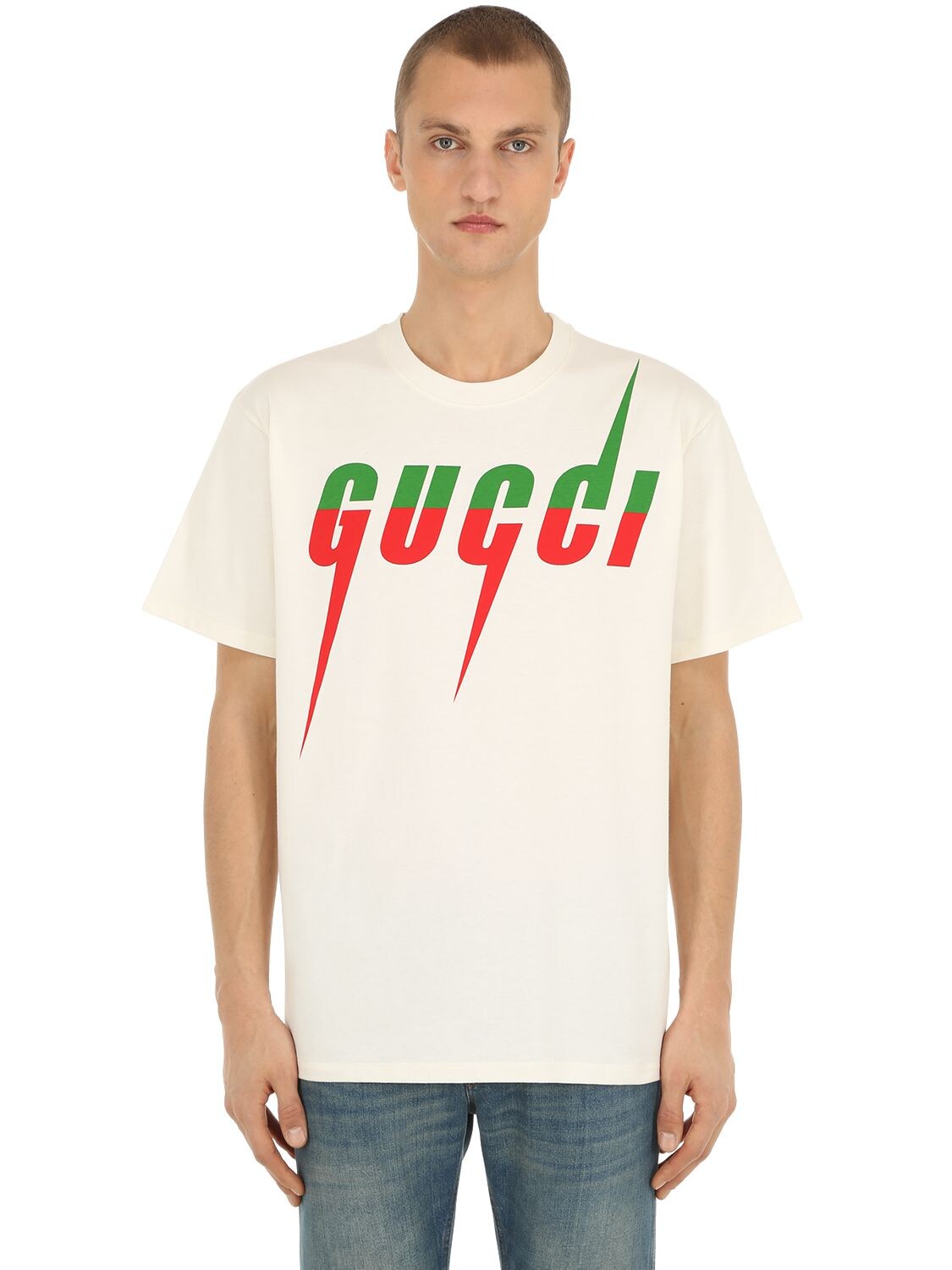 Gucci Logo Lightning-print Cotton-jersey T-shirt In White | ModeSens