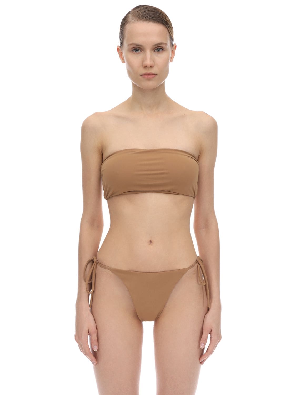 Aexae Lycra & Nylon Bandeau Bikini Top In Caramel