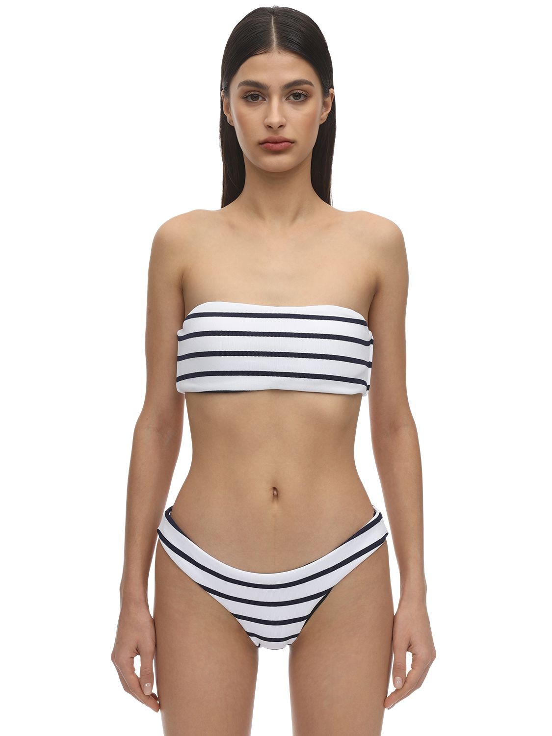Eberjey Retro Striped Rib Bandeau Bikini Top In White,navy