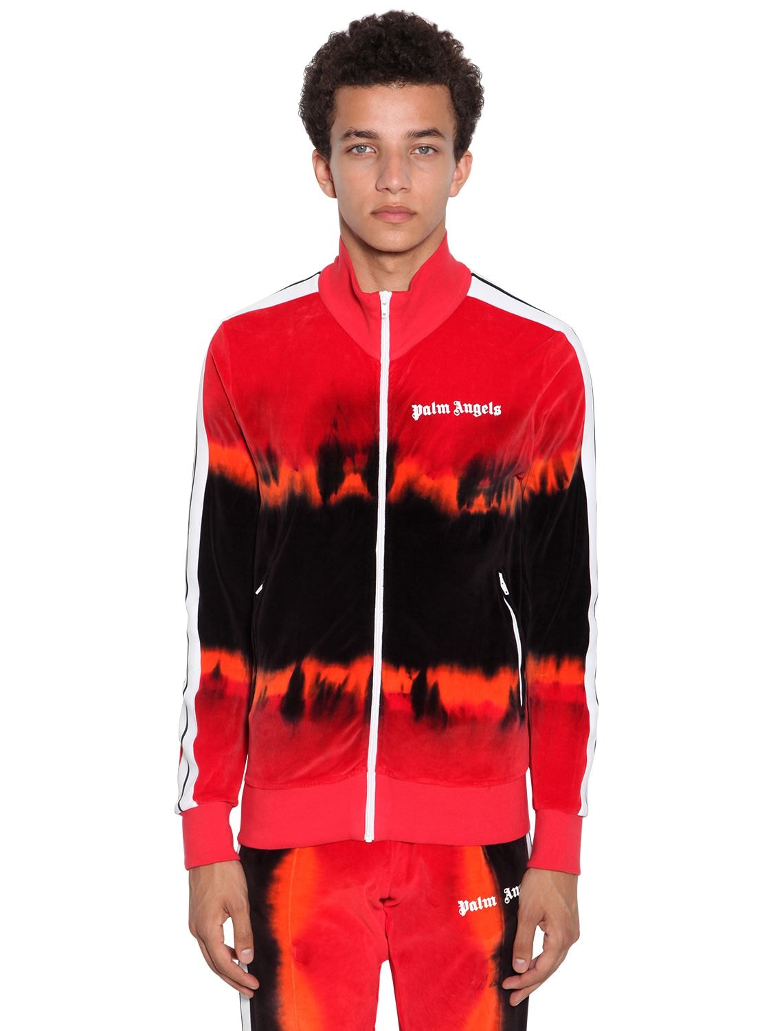 Palm Angels Logo-print Tie-dyed Cotton-blend Velour Track Jacket In Red