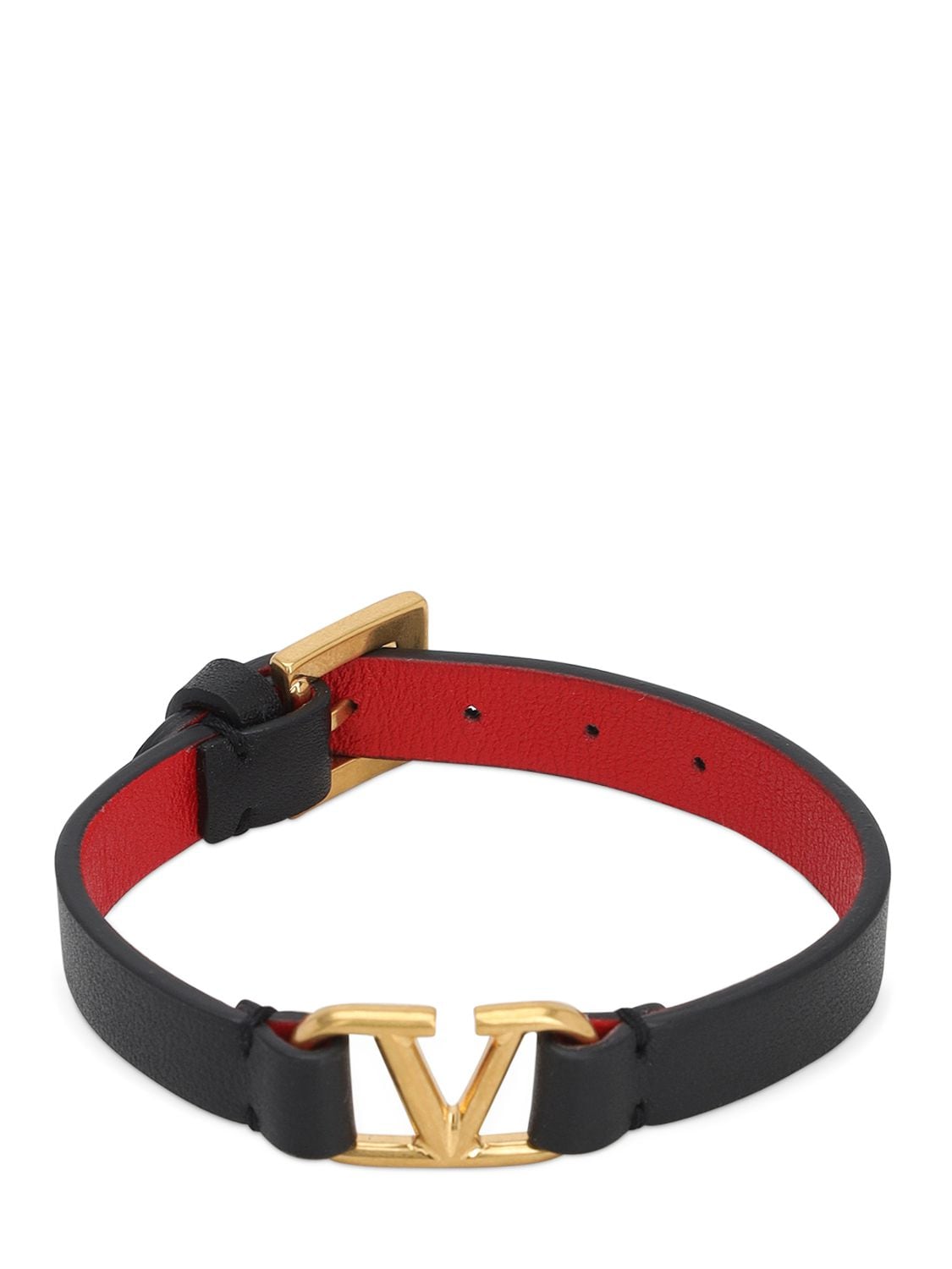 Valentino Garavani V Logo Leather Belt Bracelet In Black,gold