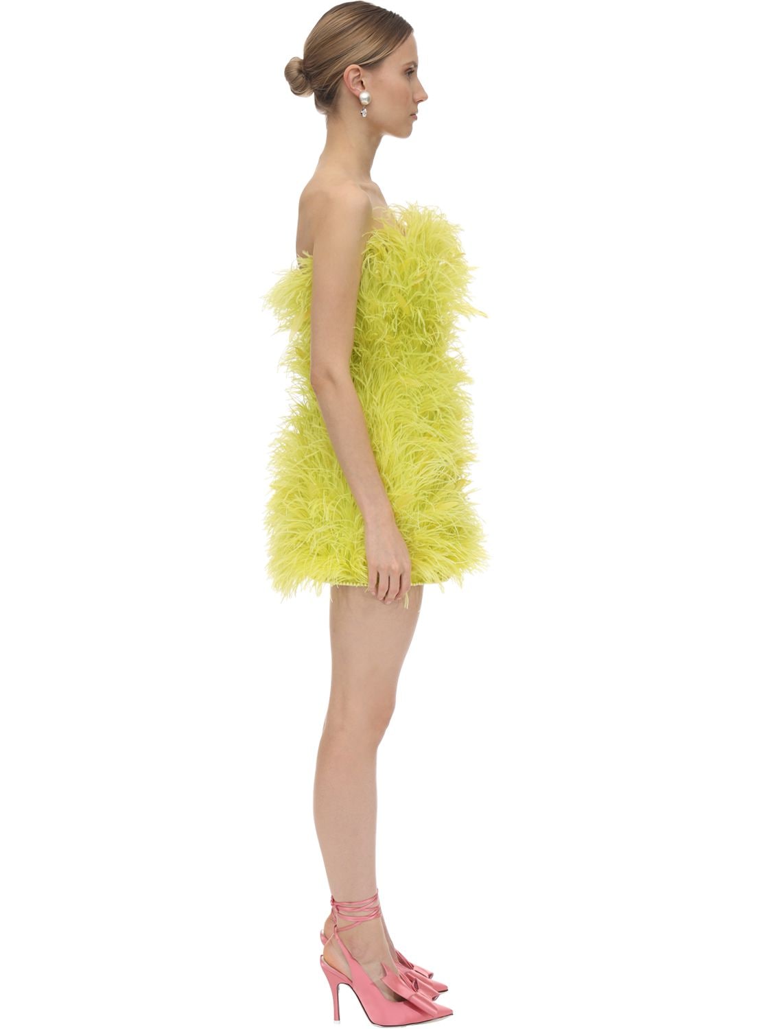 Attico Strapless Feather Embellished Mini Dress In Yellow | ModeSens
