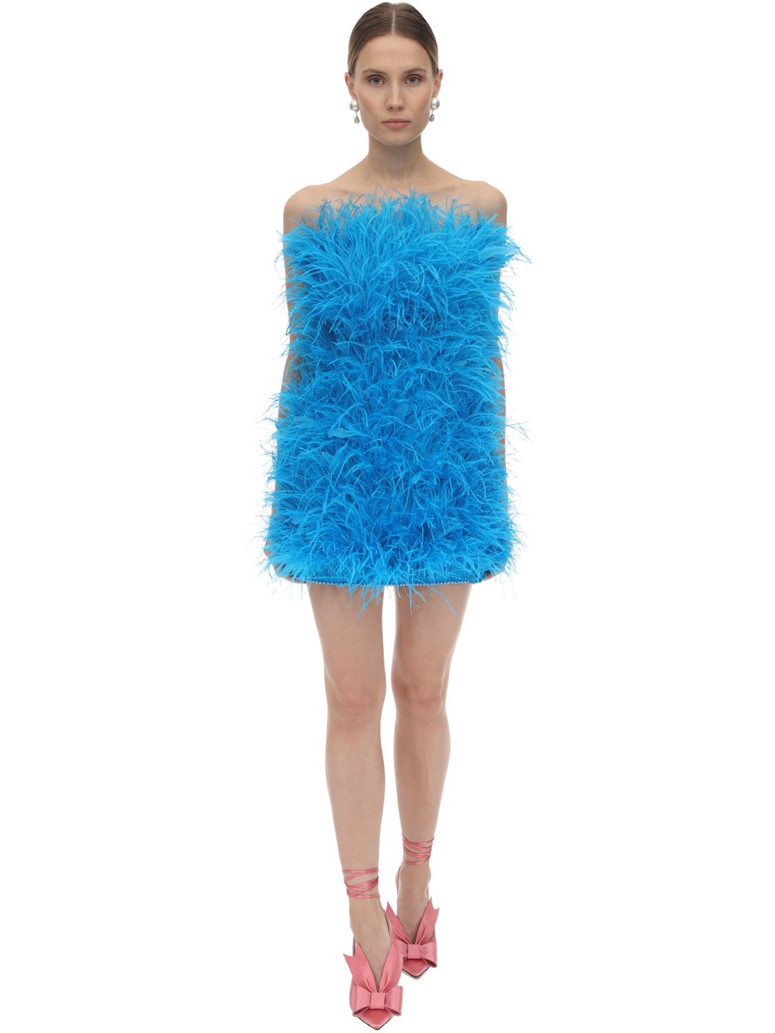 Attico Strapless Ostrich-feather Mini Dress In Turquoise | ModeSens