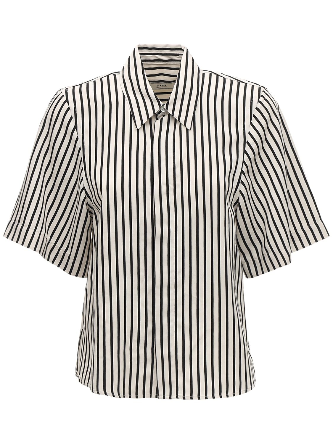 AMI ALEXANDRE MATTIUSSI 条纹粘胶纤维短袖衬衫,71IXJQ001-MTUX0