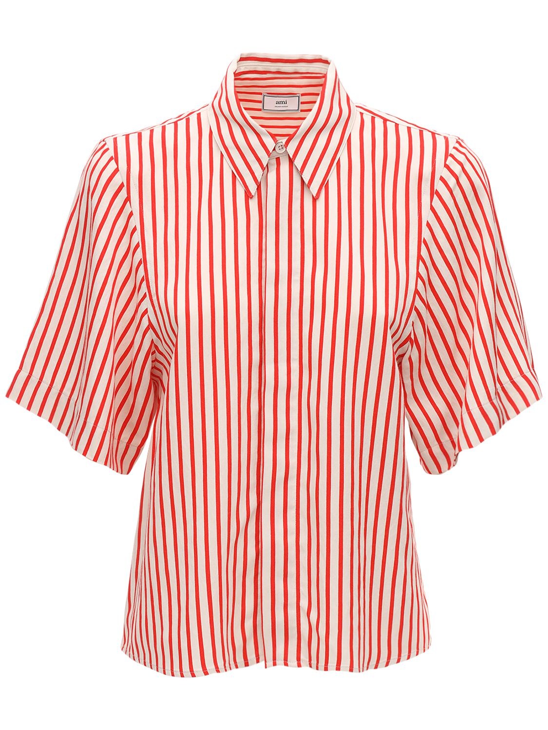 AMI ALEXANDRE MATTIUSSI 条纹粘胶纤维短袖衬衫,71IXJQ001-MTU00